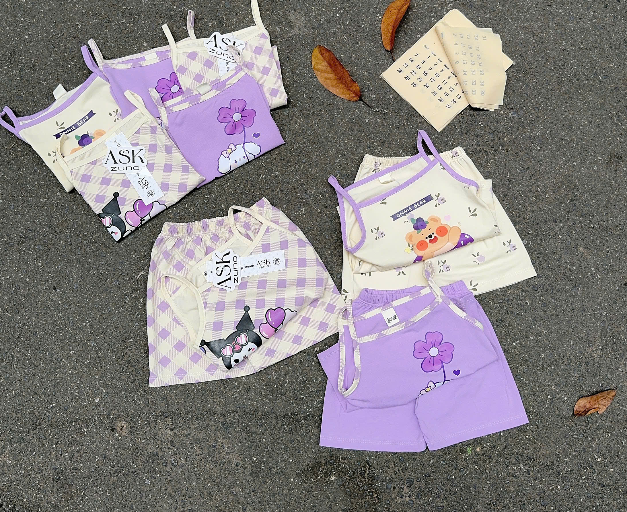 G029 - SET 3 BỘ ĐÙI BÉ GÁI 2S KUROMI tím caro be