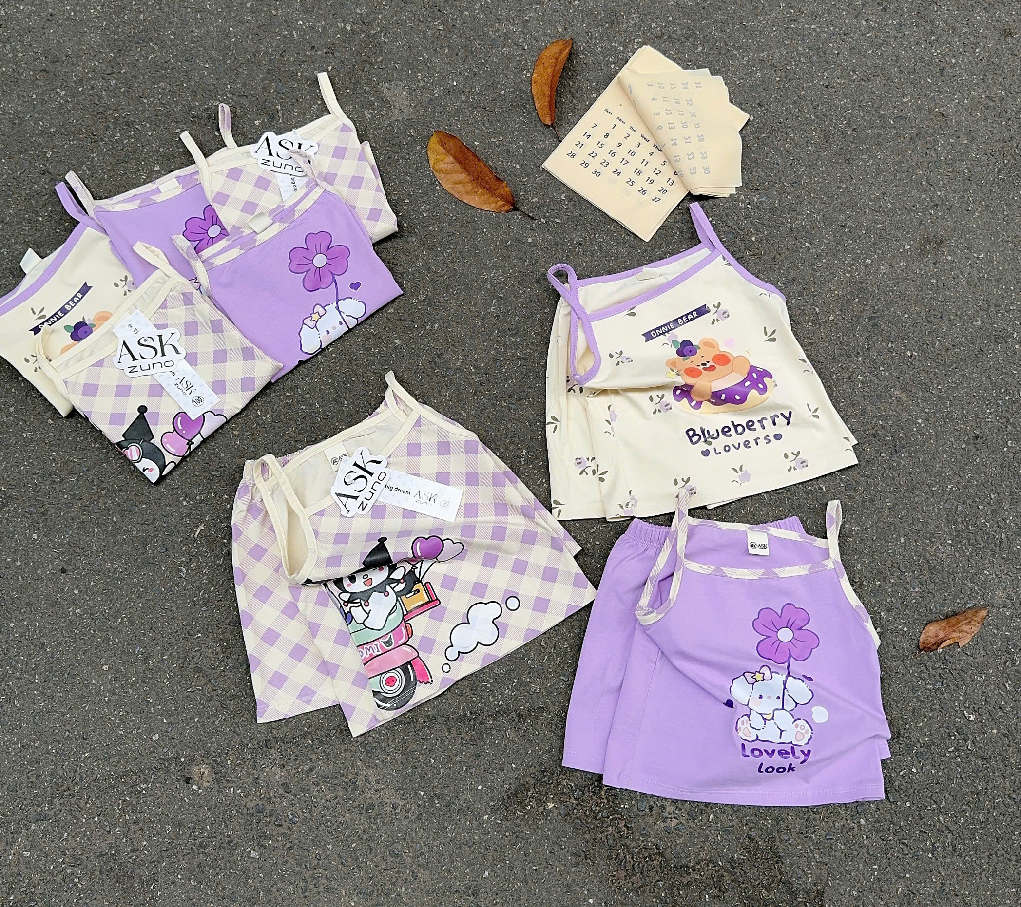 G029 - SET 3 BỘ ĐÙI BÉ GÁI 2S KUROMI tím caro be