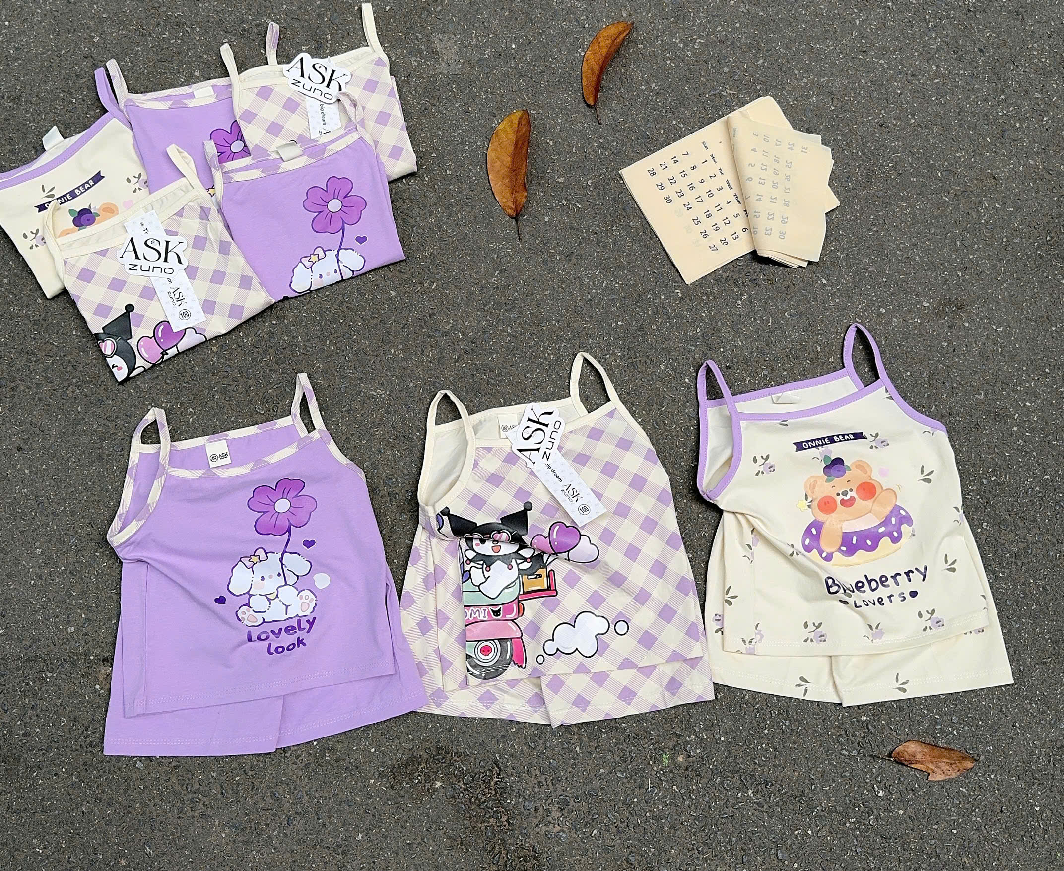 G029 - SET 3 BỘ ĐÙI BÉ GÁI 2S KUROMI tím caro be