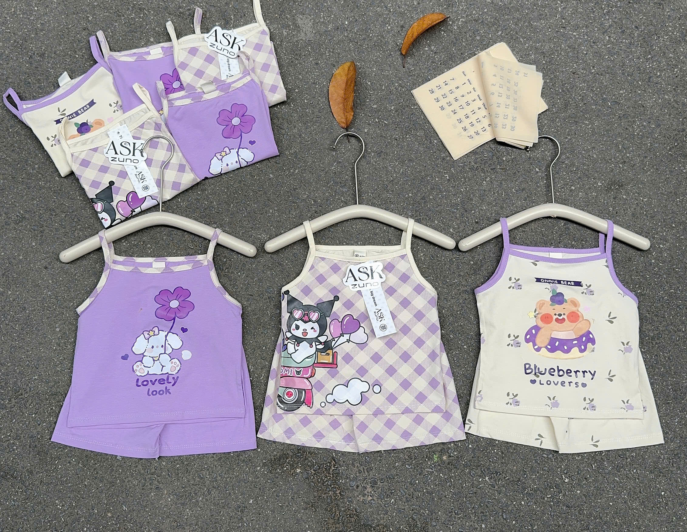 G029 - SET 3 BỘ ĐÙI BÉ GÁI 2S KUROMI tím caro be
