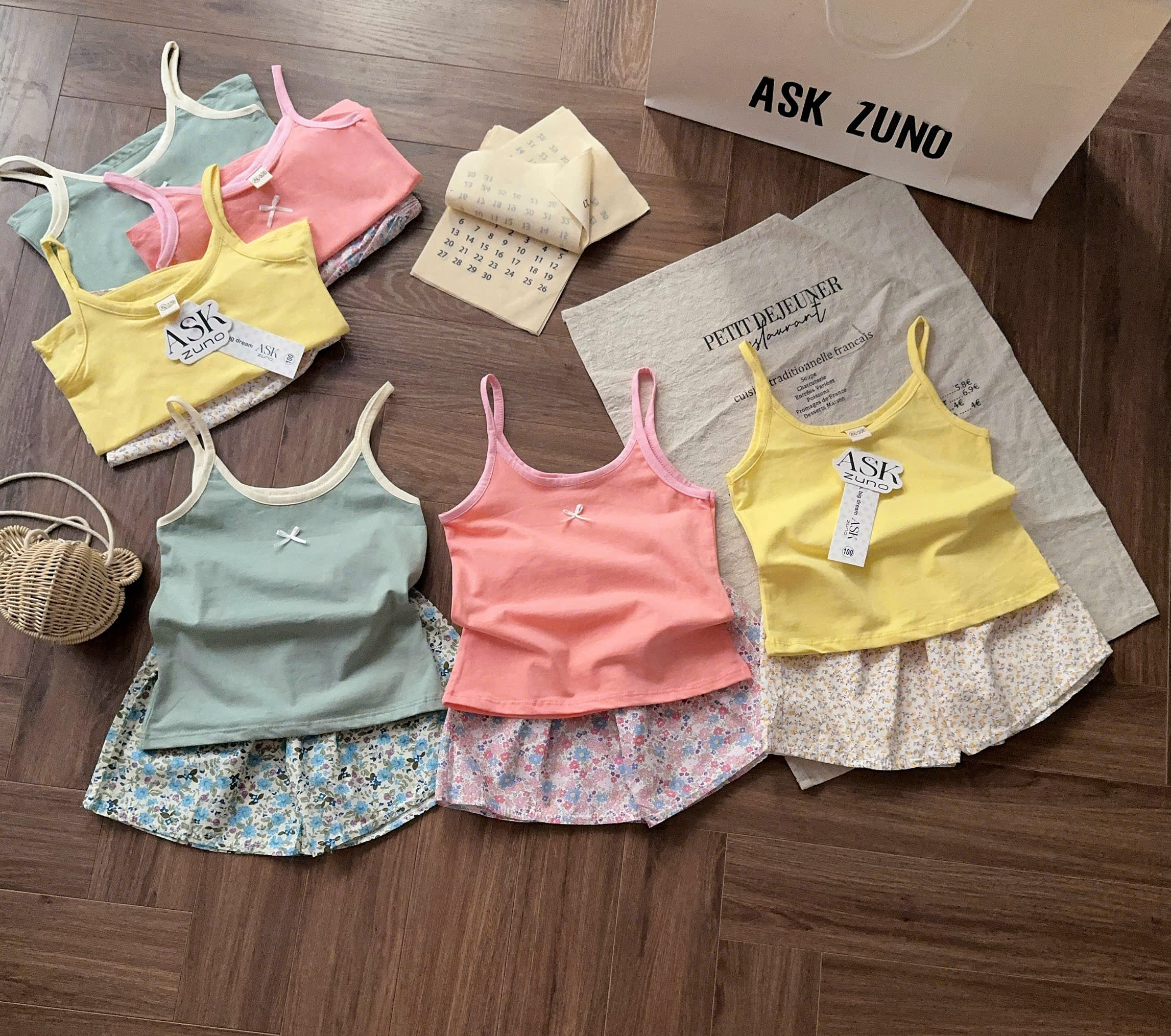 G036 - SET 3 BỘ ĐÙI BÉ GÁI 2S ĐÍNH NƠ QUẦN HOA xanh vàng hồng