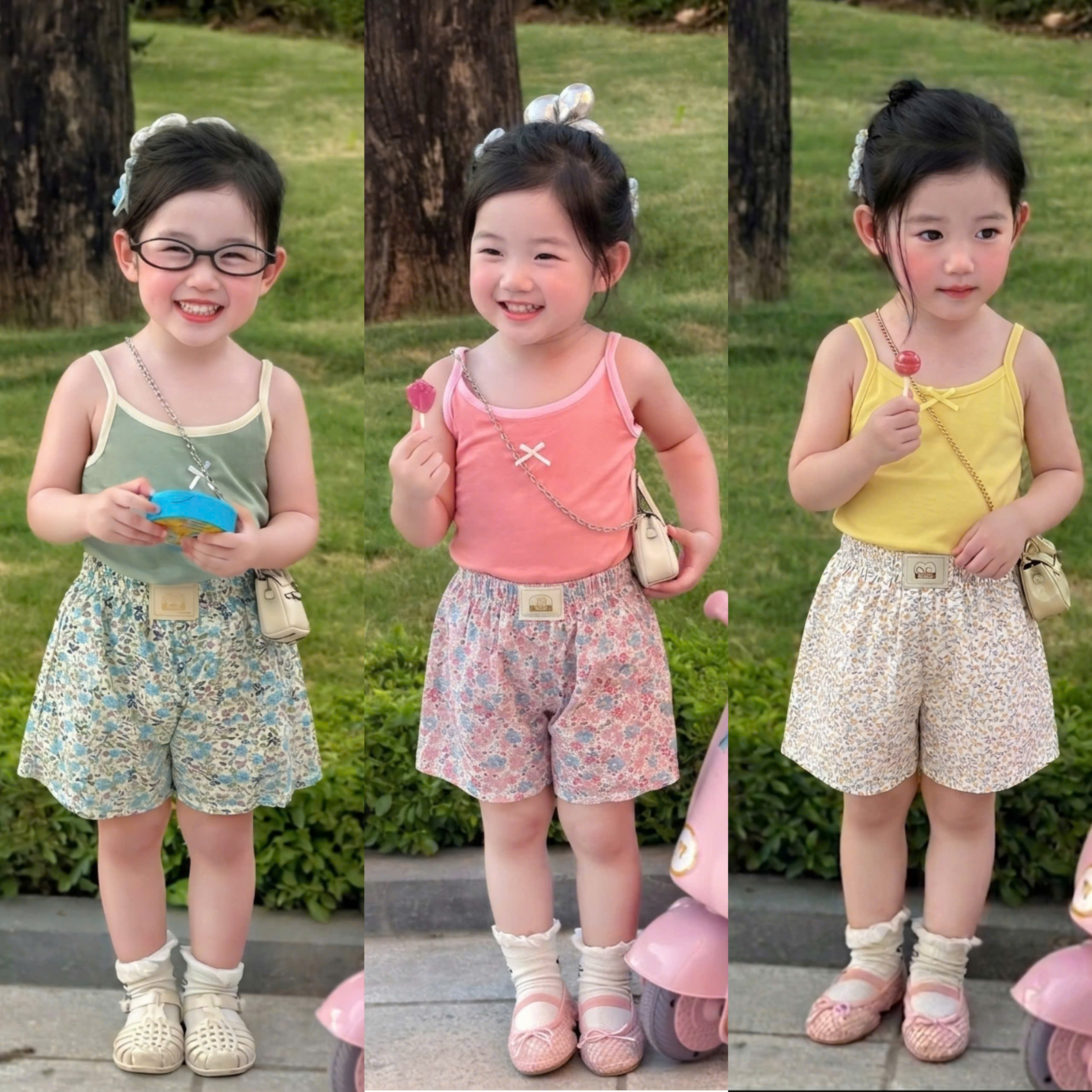 G036 - SET 3 BỘ ĐÙI BÉ GÁI 2S ĐÍNH NƠ QUẦN HOA xanh vàng hồng