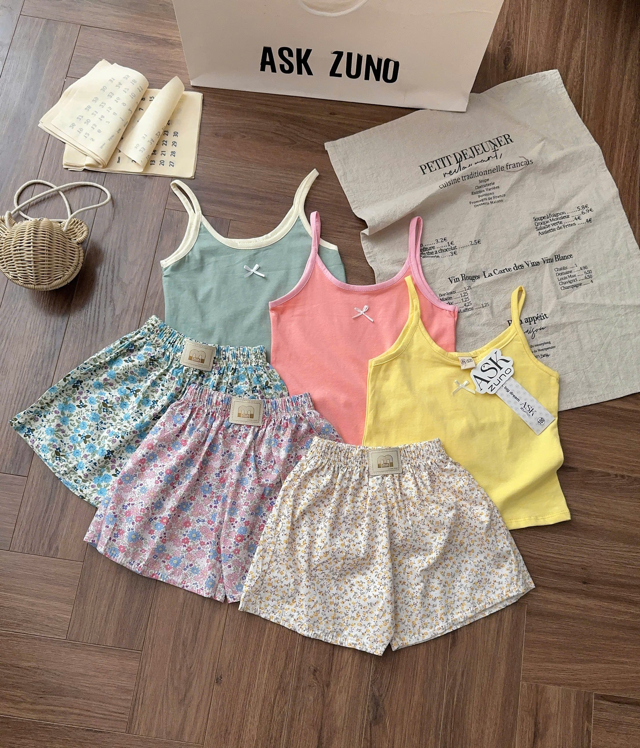 G036 - SET 3 BỘ ĐÙI BÉ GÁI 2S ĐÍNH NƠ QUẦN HOA xanh vàng hồng