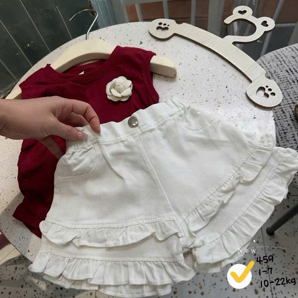 G037 - SET BÉ GÁI ÁO ĐỎ SÁT NÁCH ĐÍNH HOA QUẦN TRẮNG BÈO