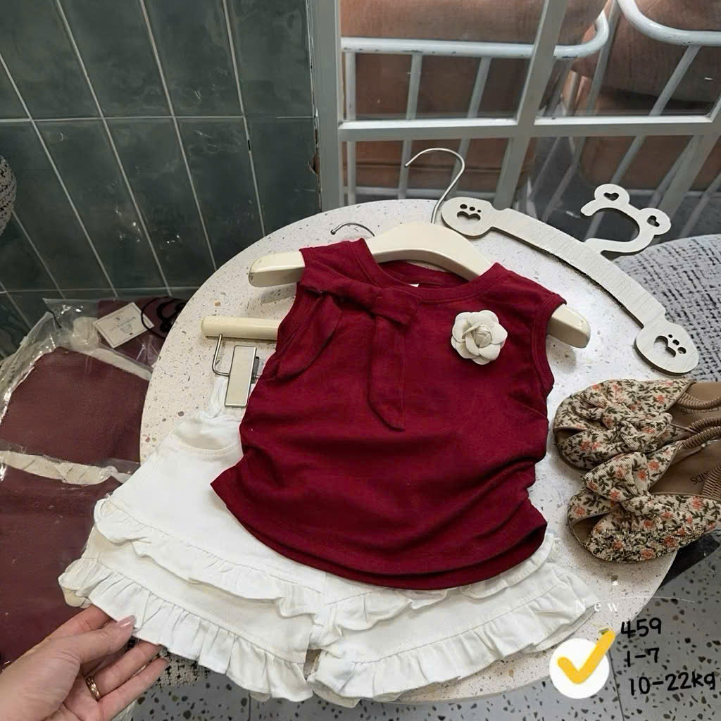G037 - SET BÉ GÁI ÁO ĐỎ SÁT NÁCH ĐÍNH HOA QUẦN TRẮNG BÈO