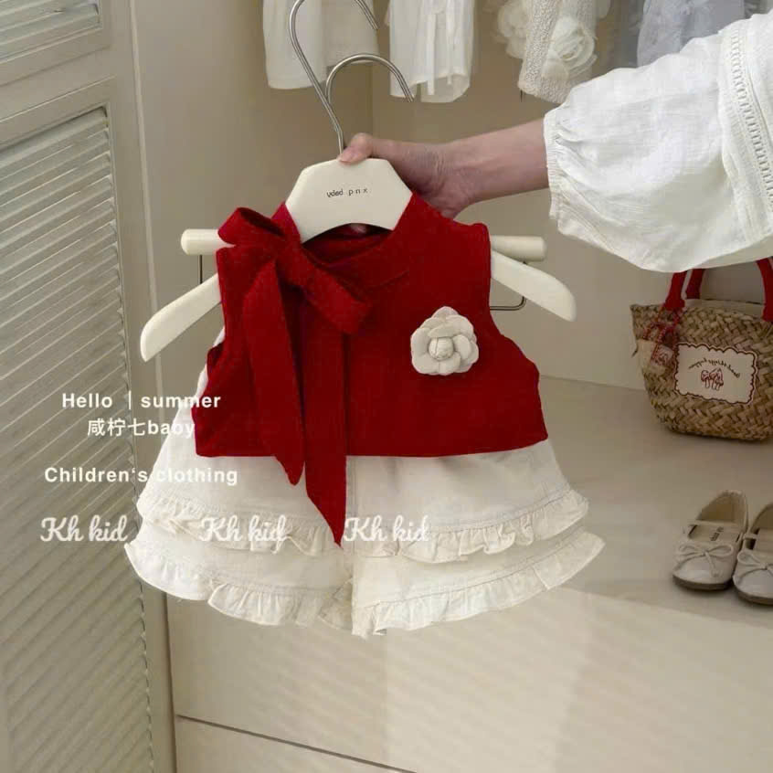 G037 - SET BÉ GÁI ÁO ĐỎ SÁT NÁCH ĐÍNH HOA QUẦN TRẮNG BÈO