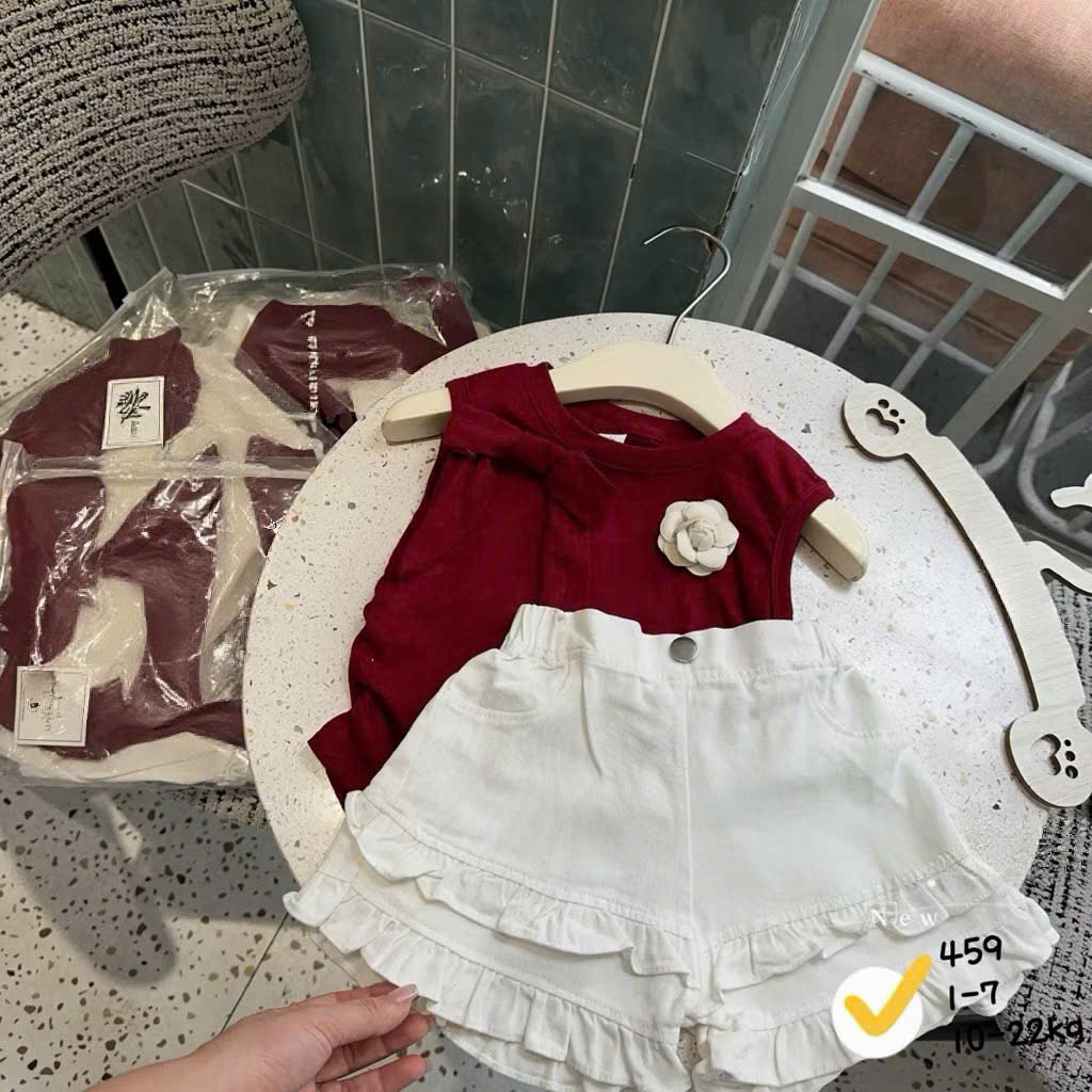 G037 - SET BÉ GÁI ÁO ĐỎ SÁT NÁCH ĐÍNH HOA QUẦN TRẮNG BÈO