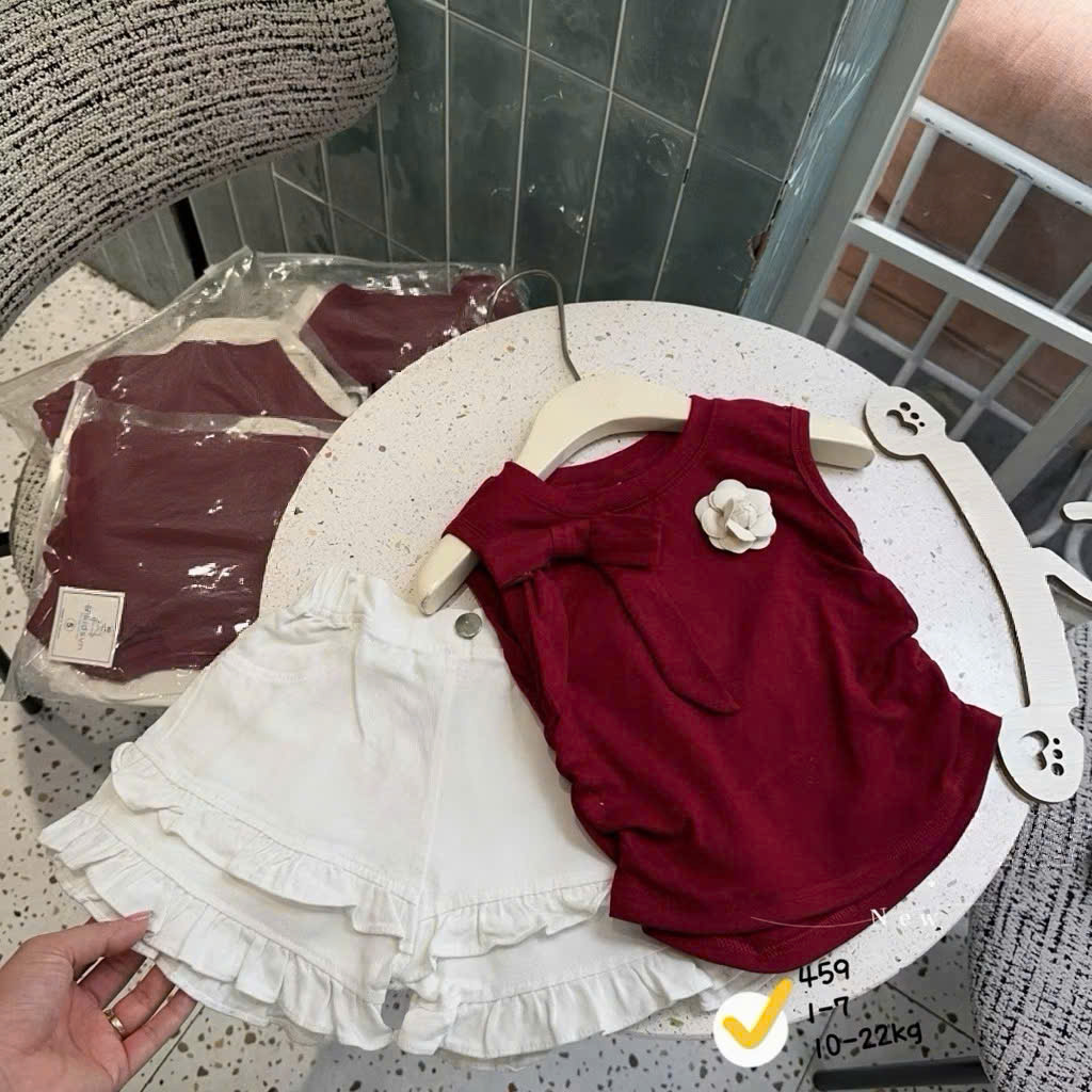 G037 - SET BÉ GÁI ÁO ĐỎ SÁT NÁCH ĐÍNH HOA QUẦN TRẮNG BÈO