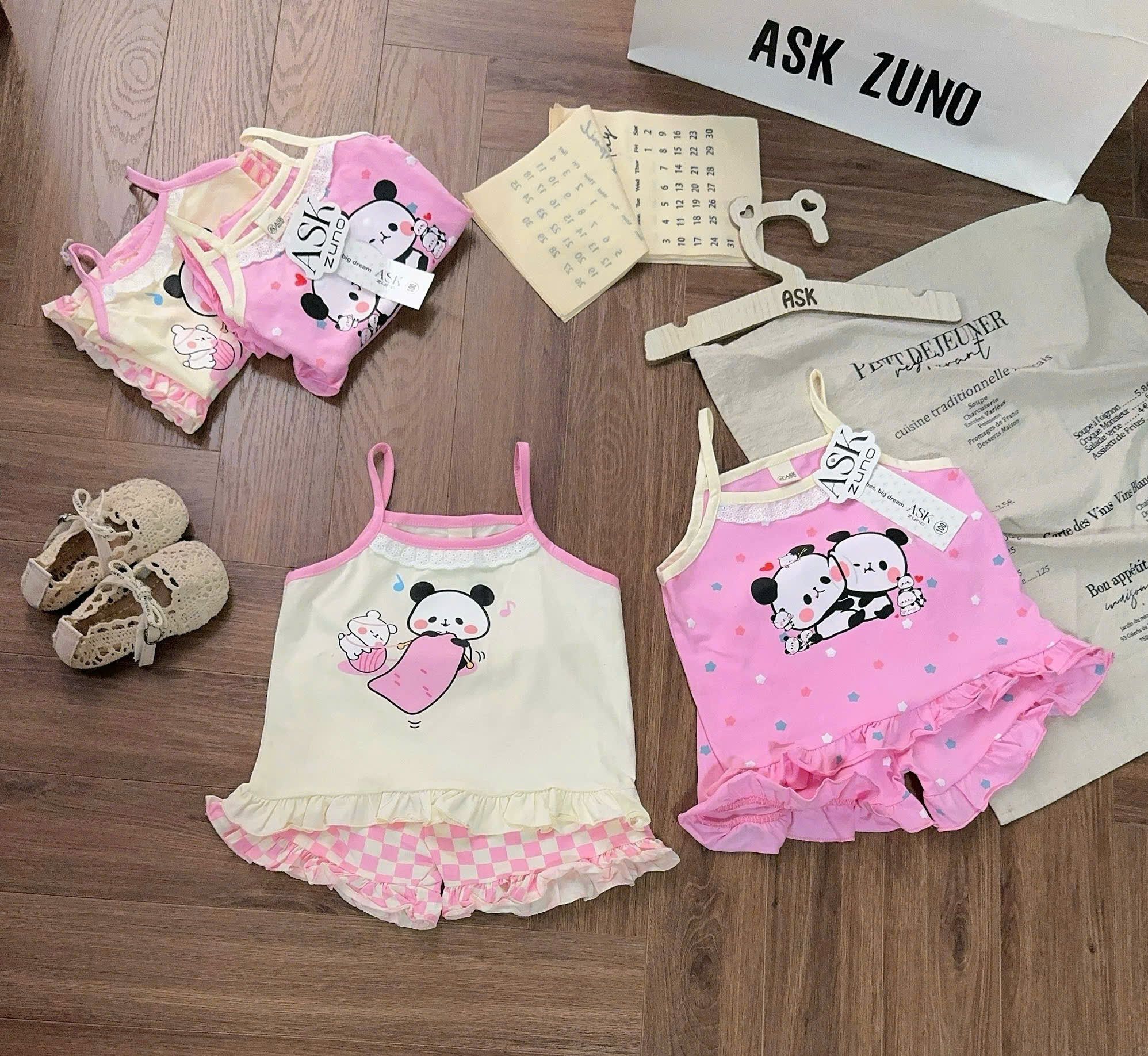 G039 - SET 2 BỘ ĐÙI BÉ GÁI 2S GẤU TRÚC SAO hồng be