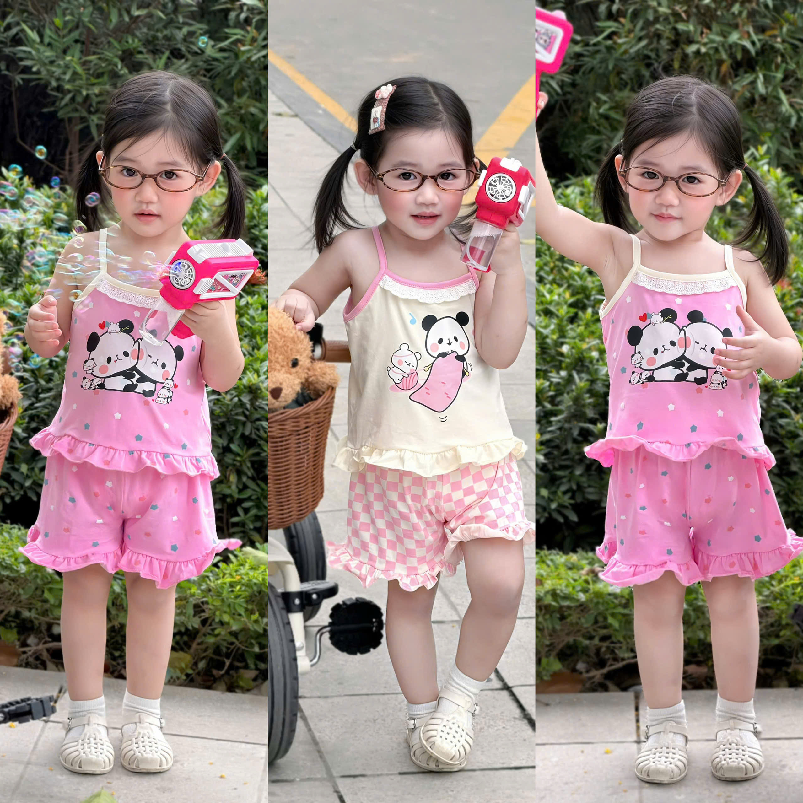 G039 - SET 2 BỘ ĐÙI BÉ GÁI 2S GẤU TRÚC SAO hồng be
