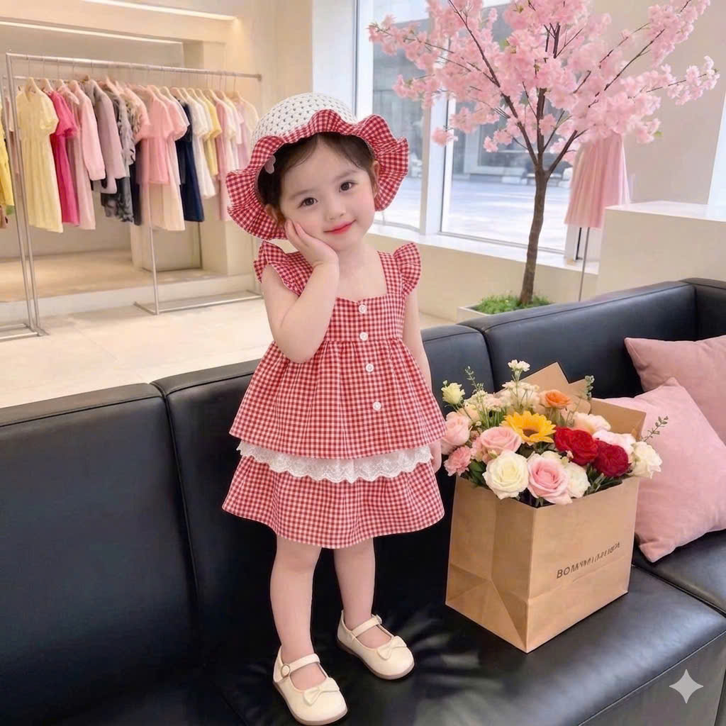 G051 - SET BÉ GÁI KẺ CARO ĐỎ BÈO VAI PHỐI CVAY KÈM MŨ
