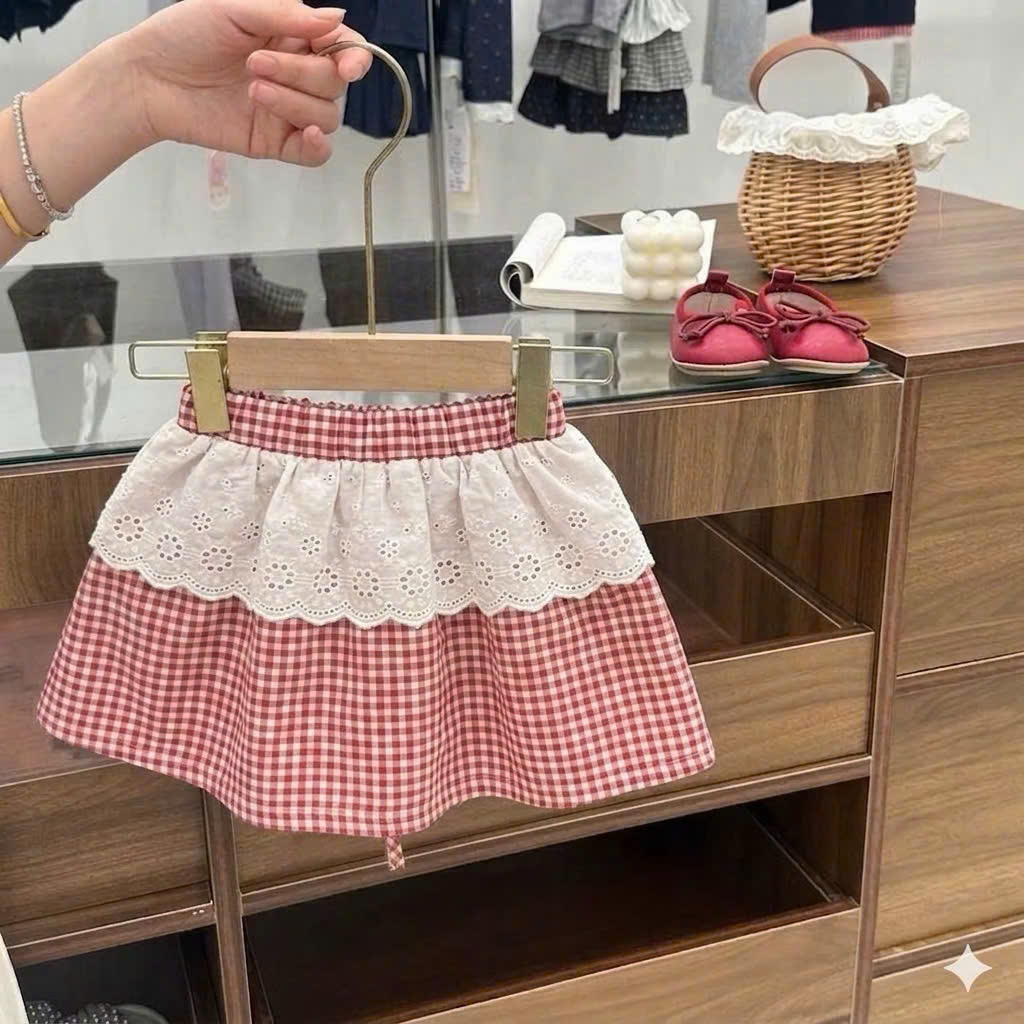 G051 - SET BÉ GÁI KẺ CARO ĐỎ BÈO VAI PHỐI CVAY KÈM MŨ