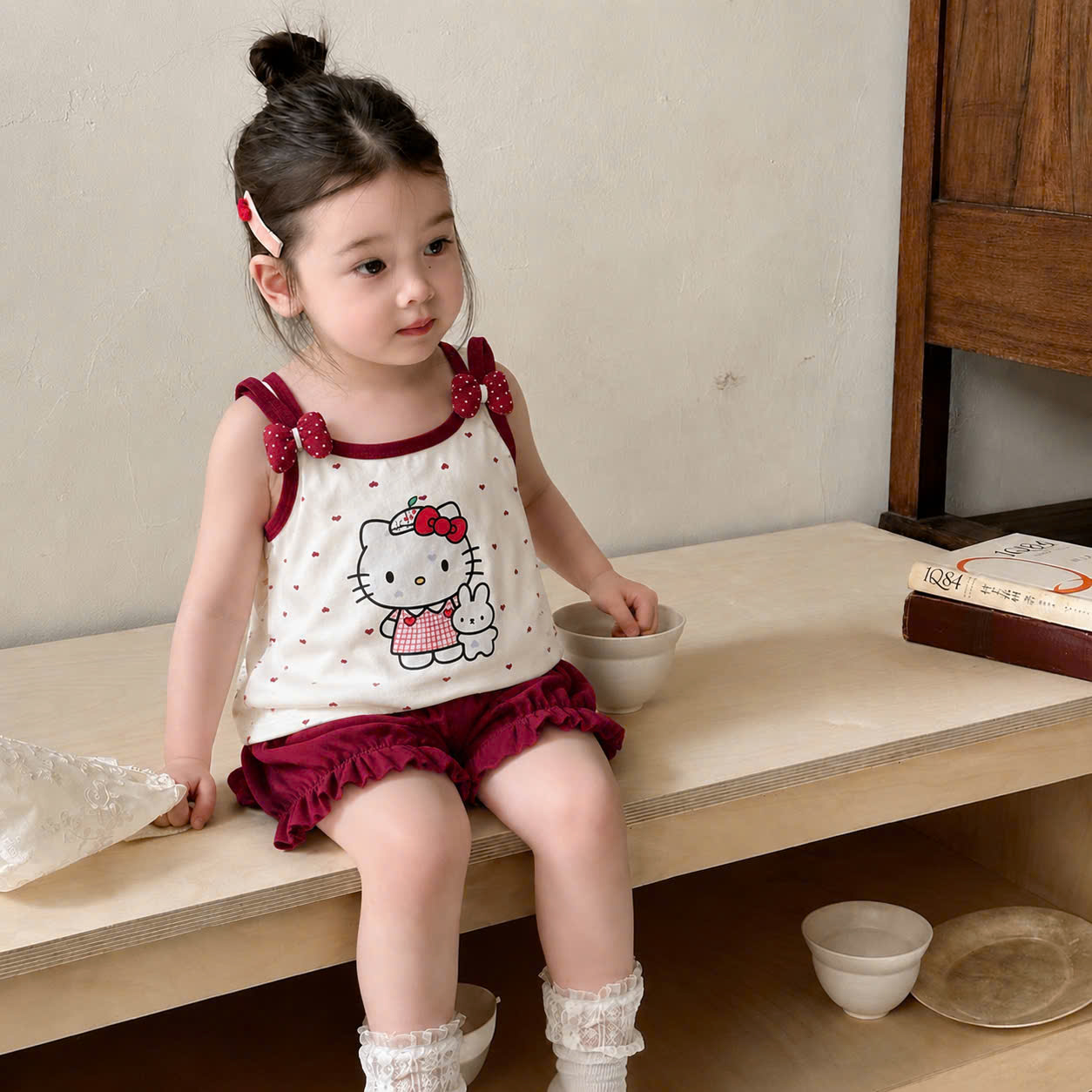 G053 - SET 2 BỘ ĐÙI BÉ GÁI 2S MÈO KITTY TIM NHỎ hồng be