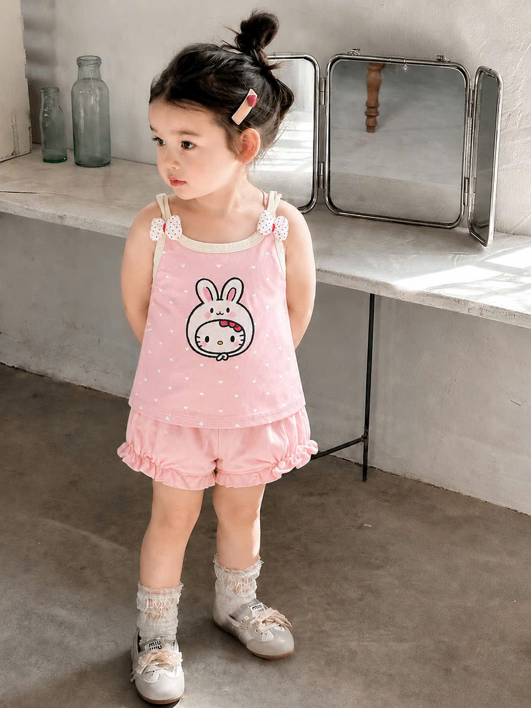 G053 - SET 2 BỘ ĐÙI BÉ GÁI 2S MÈO KITTY TIM NHỎ hồng be