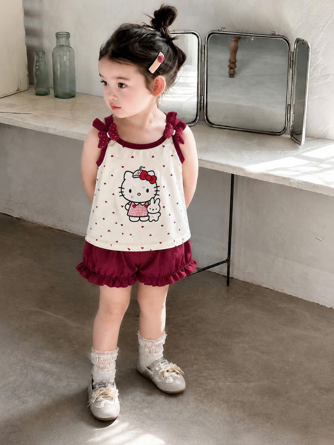 G053 - SET 2 BỘ ĐÙI BÉ GÁI 2S MÈO KITTY TIM NHỎ hồng be