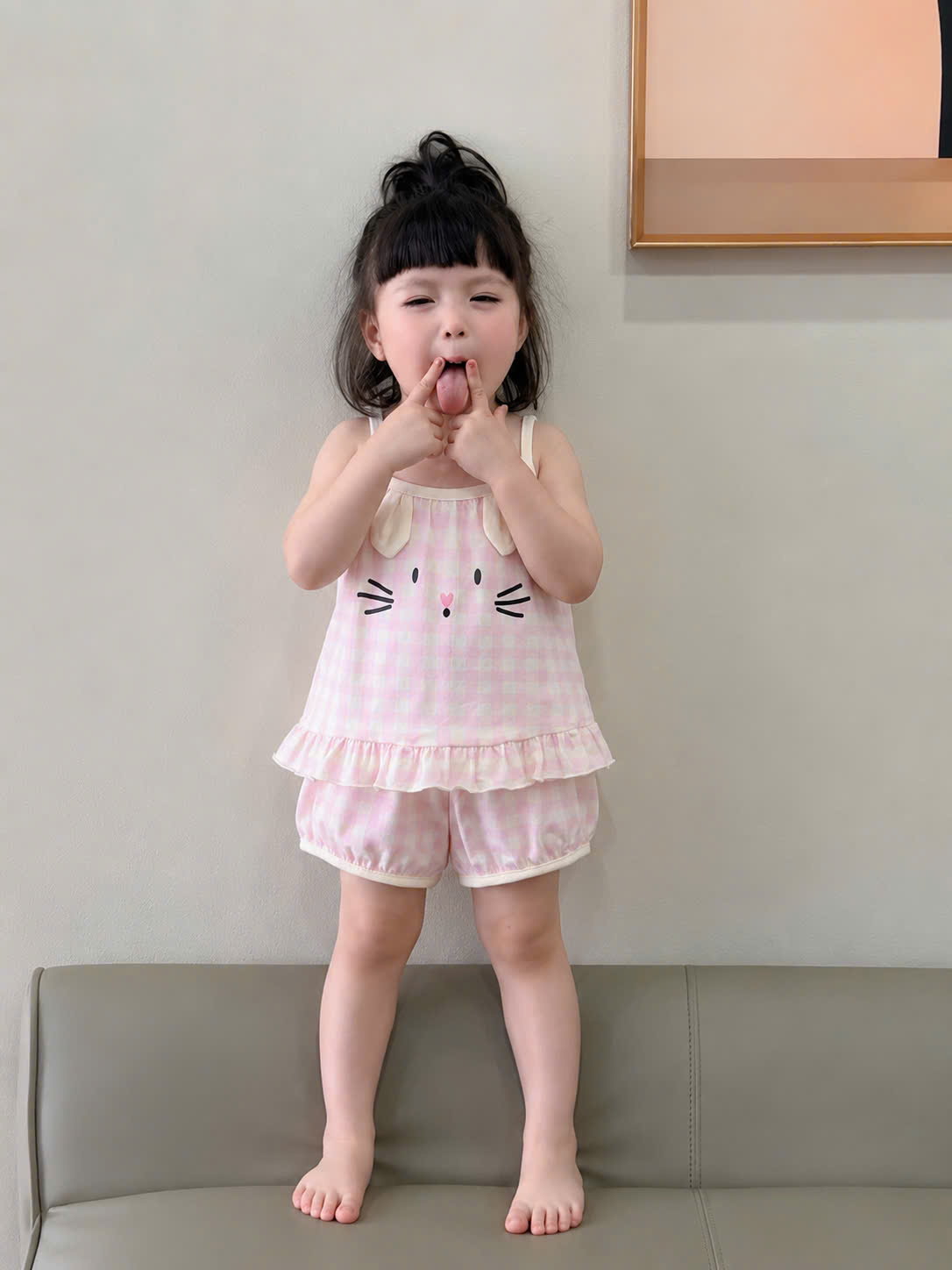 G054 - SET 2 BỘ ĐÙI BÉ GÁI 2S THỎ rabit hồng kẻ be
