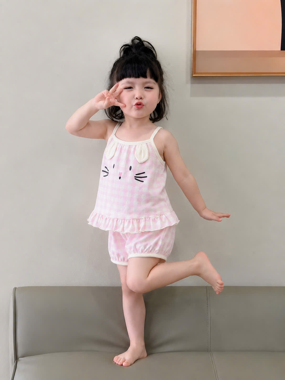 G054 - SET 2 BỘ ĐÙI BÉ GÁI 2S THỎ rabit hồng kẻ be
