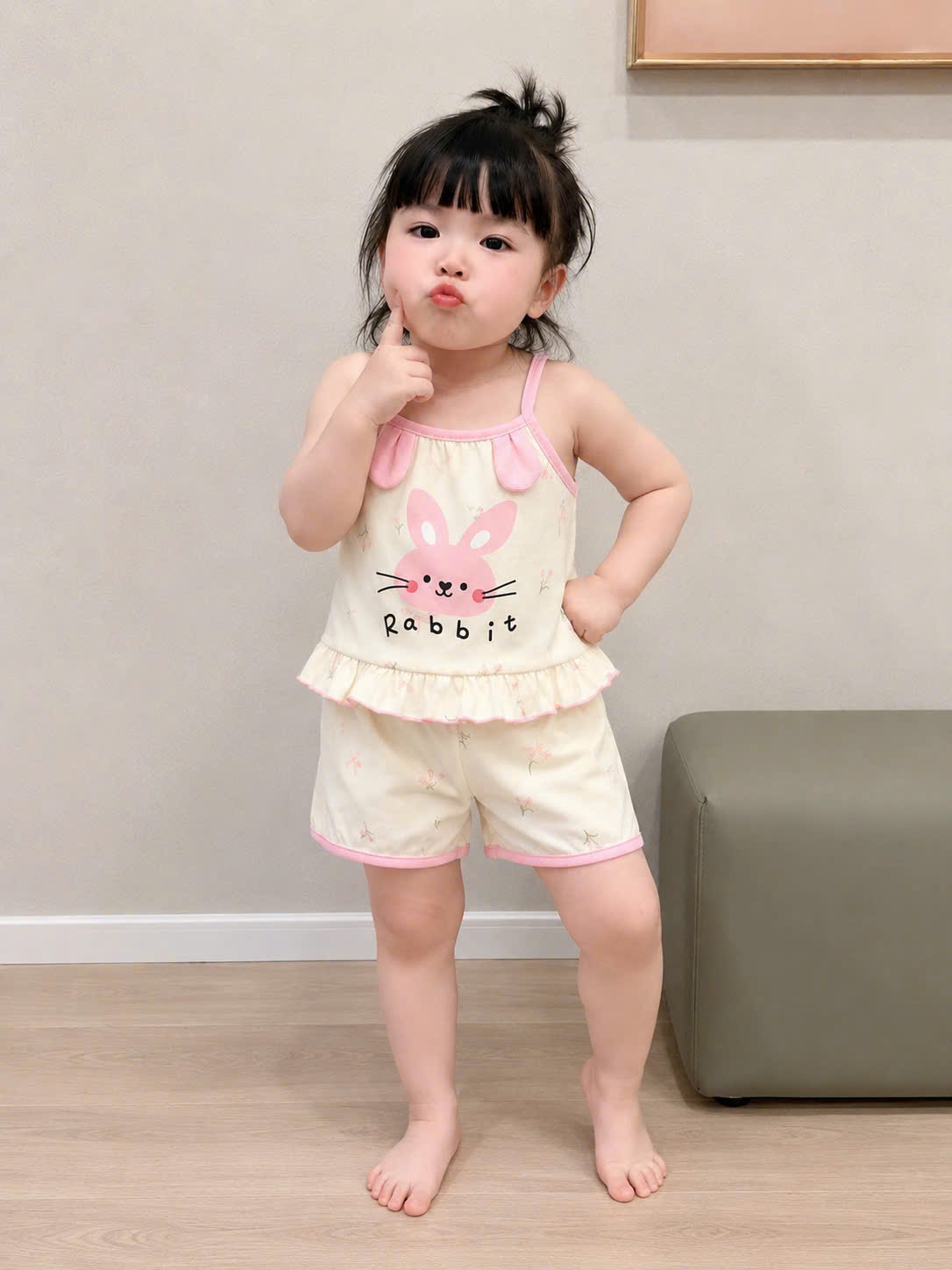 G054 - SET 2 BỘ ĐÙI BÉ GÁI 2S THỎ rabit hồng kẻ be