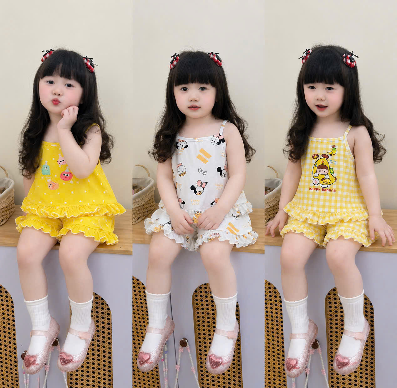G059 - SET 3 BỘ ĐÙI BÉ GÁI 2S MICKEY CHUỐI VÀNG