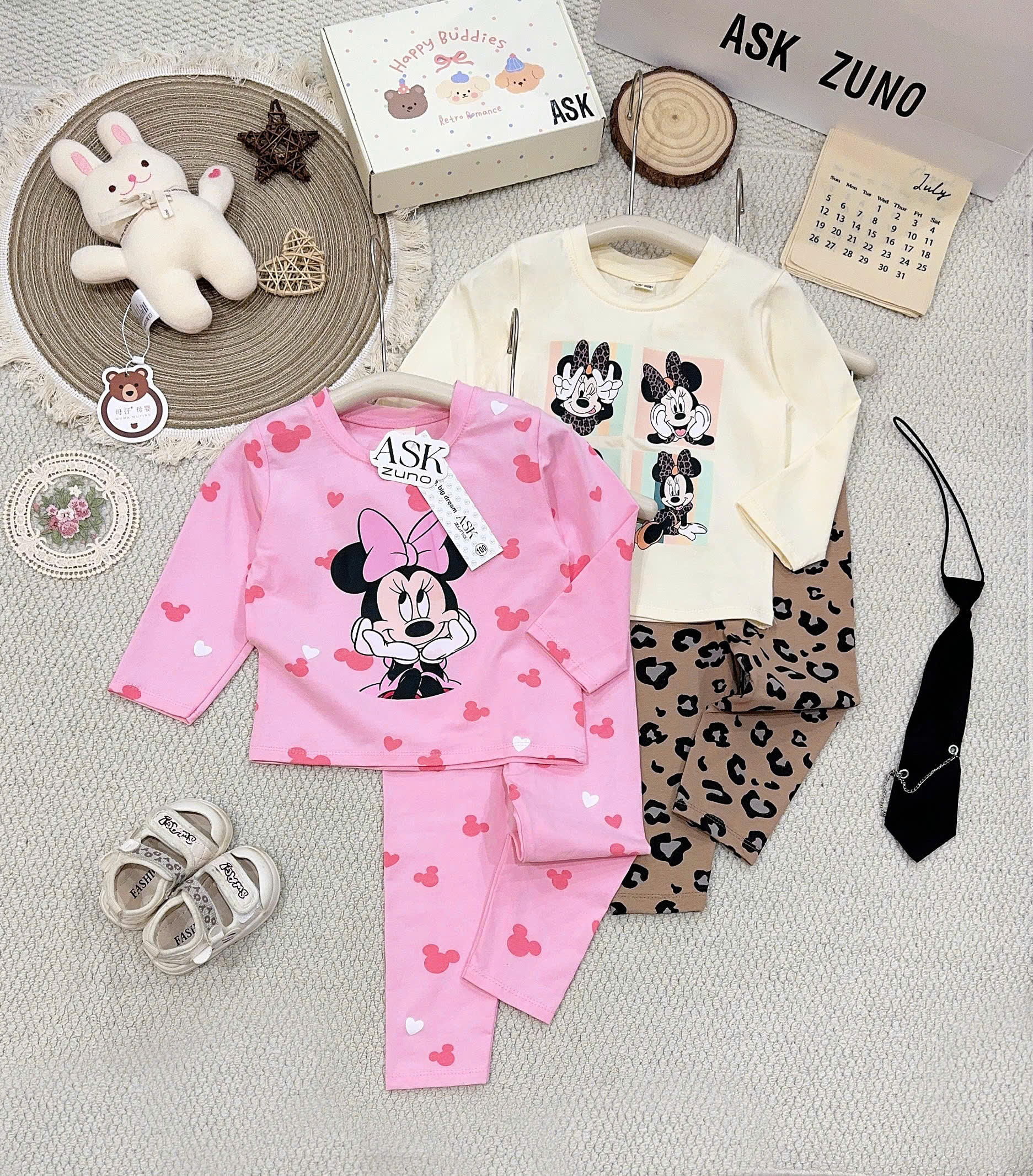 G069 - SET 2 BỘ BÉ GÁI DÀI TAY MICKEY MINNIE hồng be báo