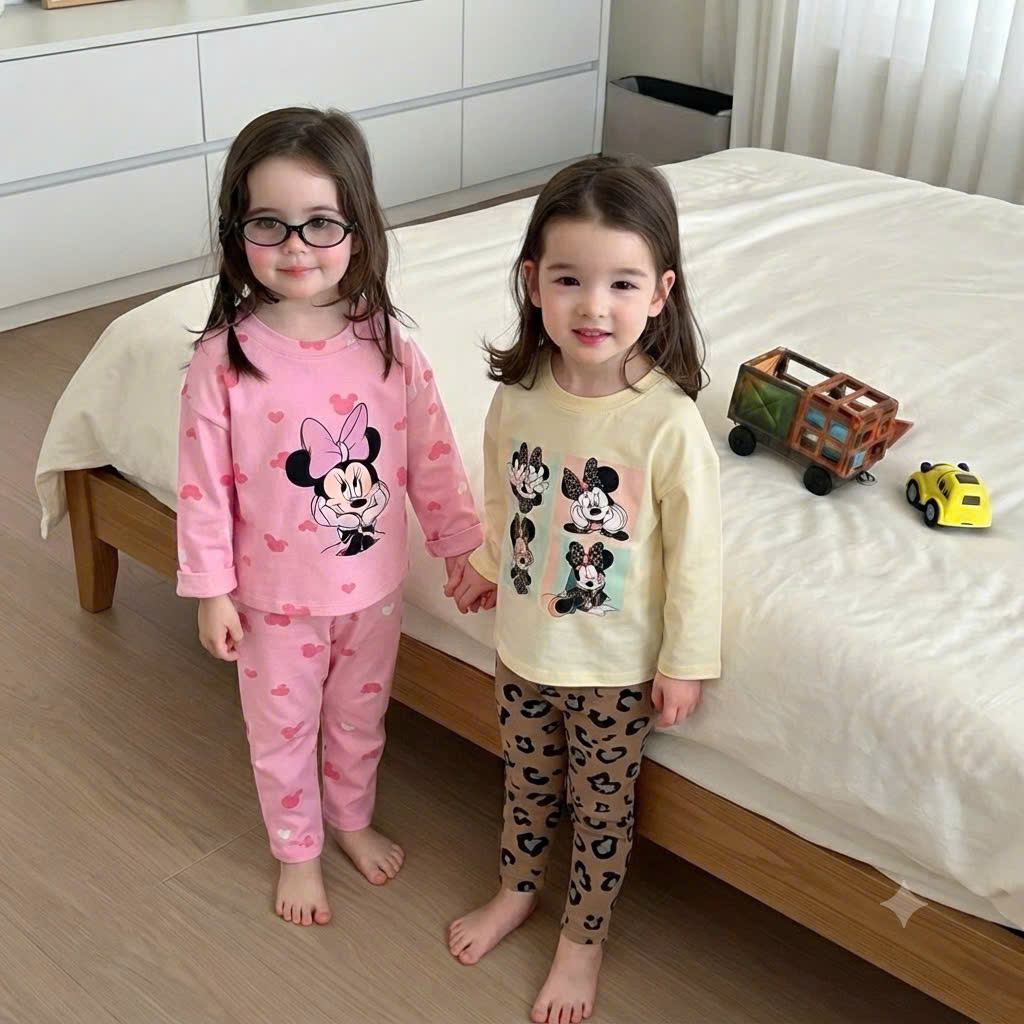 G069 - SET 2 BỘ BÉ GÁI DÀI TAY MICKEY MINNIE hồng be báo