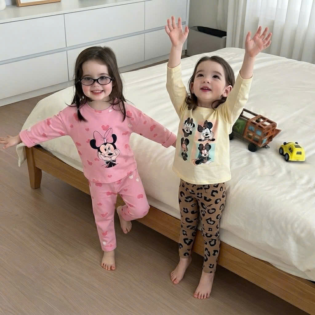 G069 - SET 2 BỘ BÉ GÁI DÀI TAY MICKEY MINNIE hồng be báo