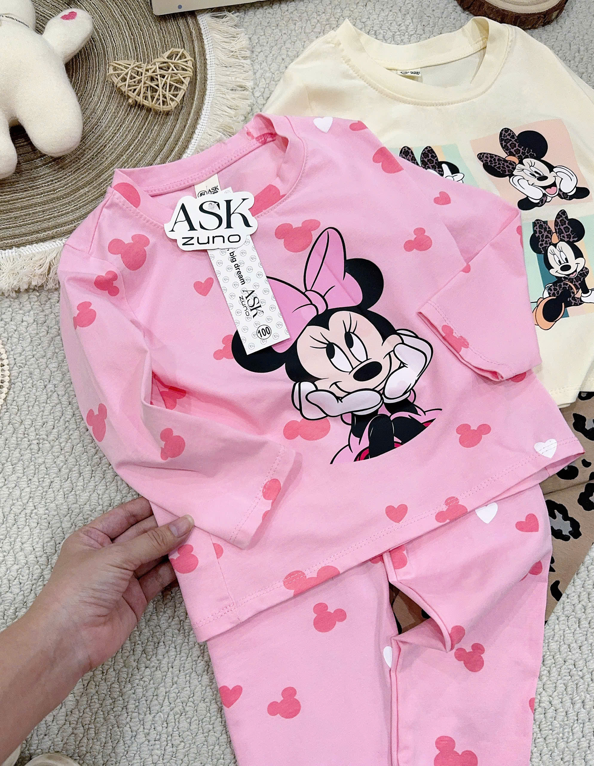 G069 - SET 2 BỘ BÉ GÁI DÀI TAY MICKEY MINNIE hồng be báo
