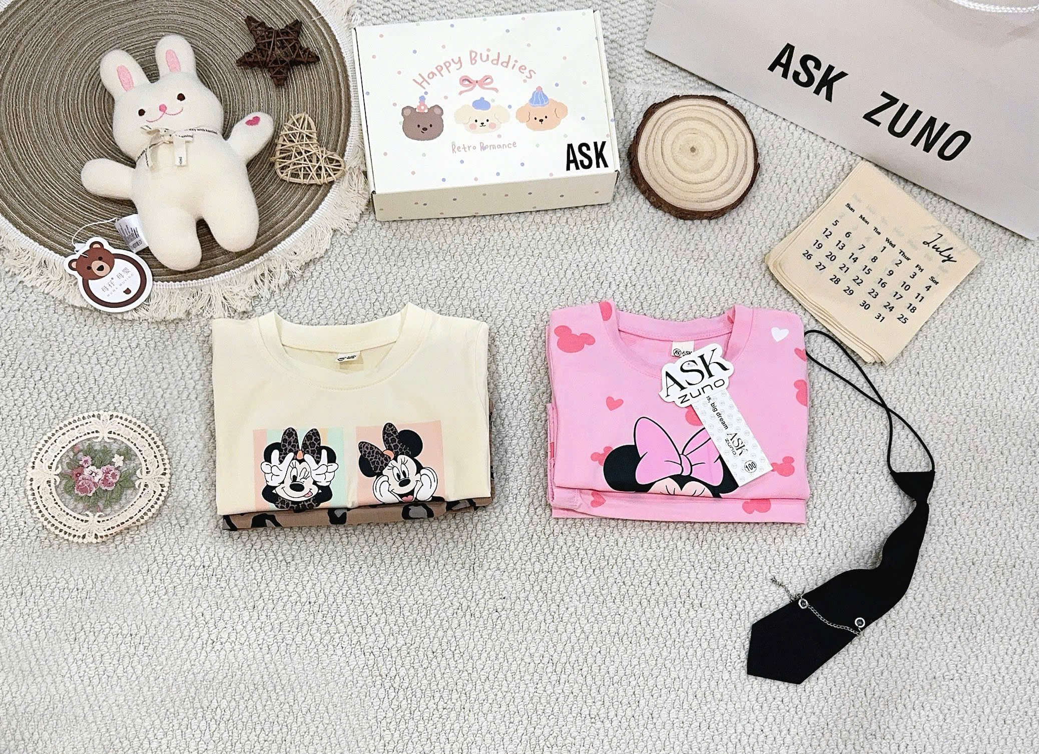 G069 - SET 2 BỘ BÉ GÁI DÀI TAY MICKEY MINNIE hồng be báo