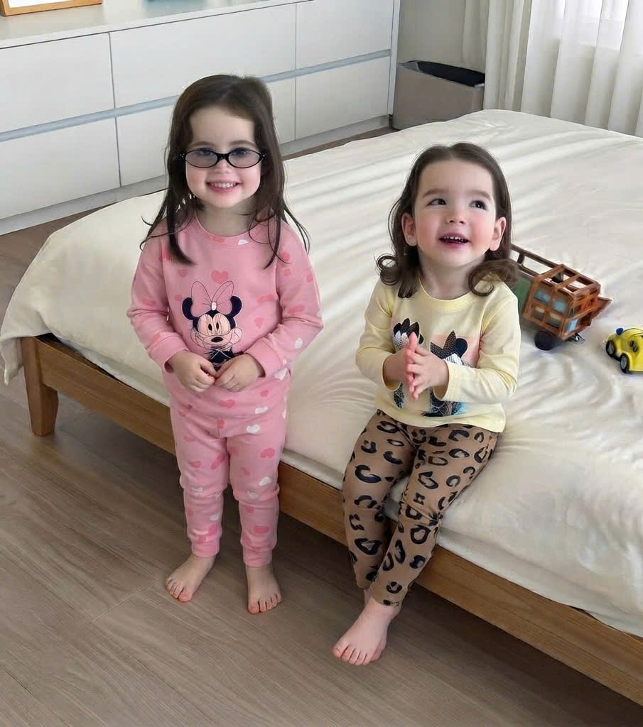 G069 - SET 2 BỘ BÉ GÁI DÀI TAY MICKEY MINNIE hồng be báo