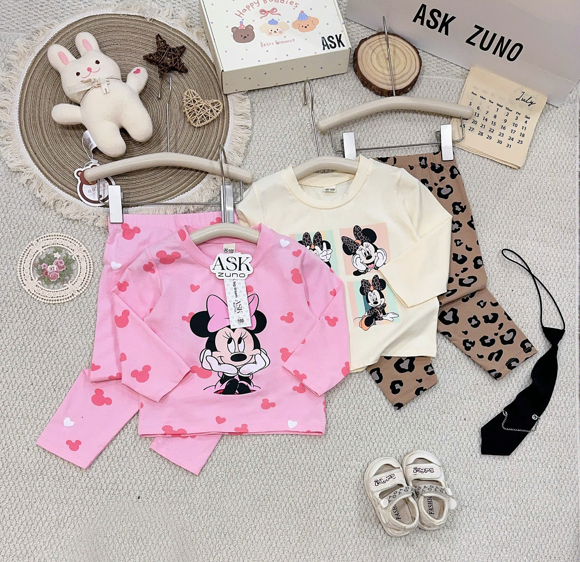 G069 - SET 2 BỘ BÉ GÁI DÀI TAY MICKEY MINNIE hồng be báo