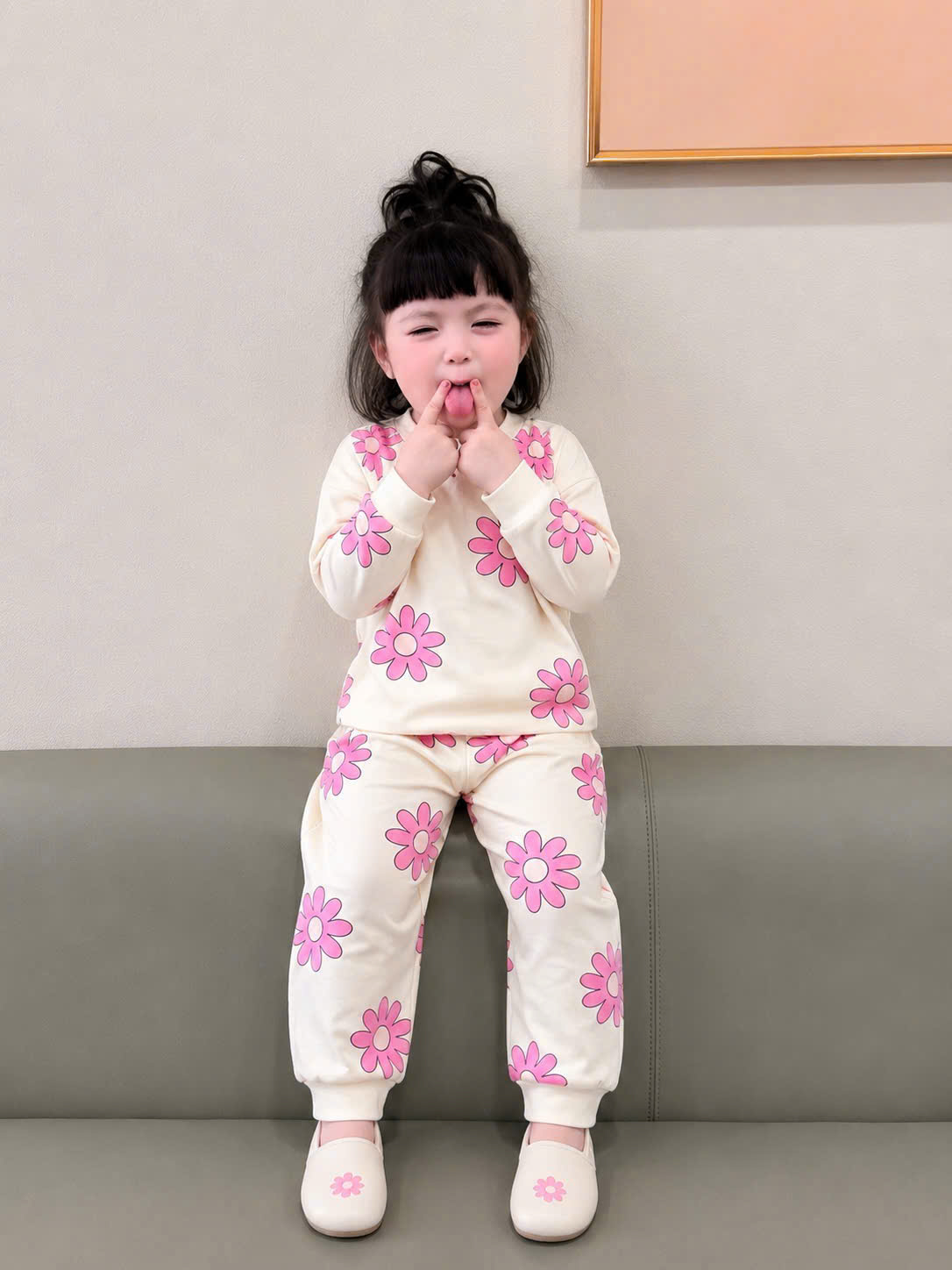 G074 - SET 3 BỘ BÉ GÁI DÀI TAY HOA VỊT hồng be