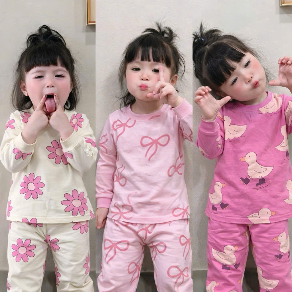 G074 - SET 3 BỘ BÉ GÁI DÀI TAY HOA VỊT hồng be