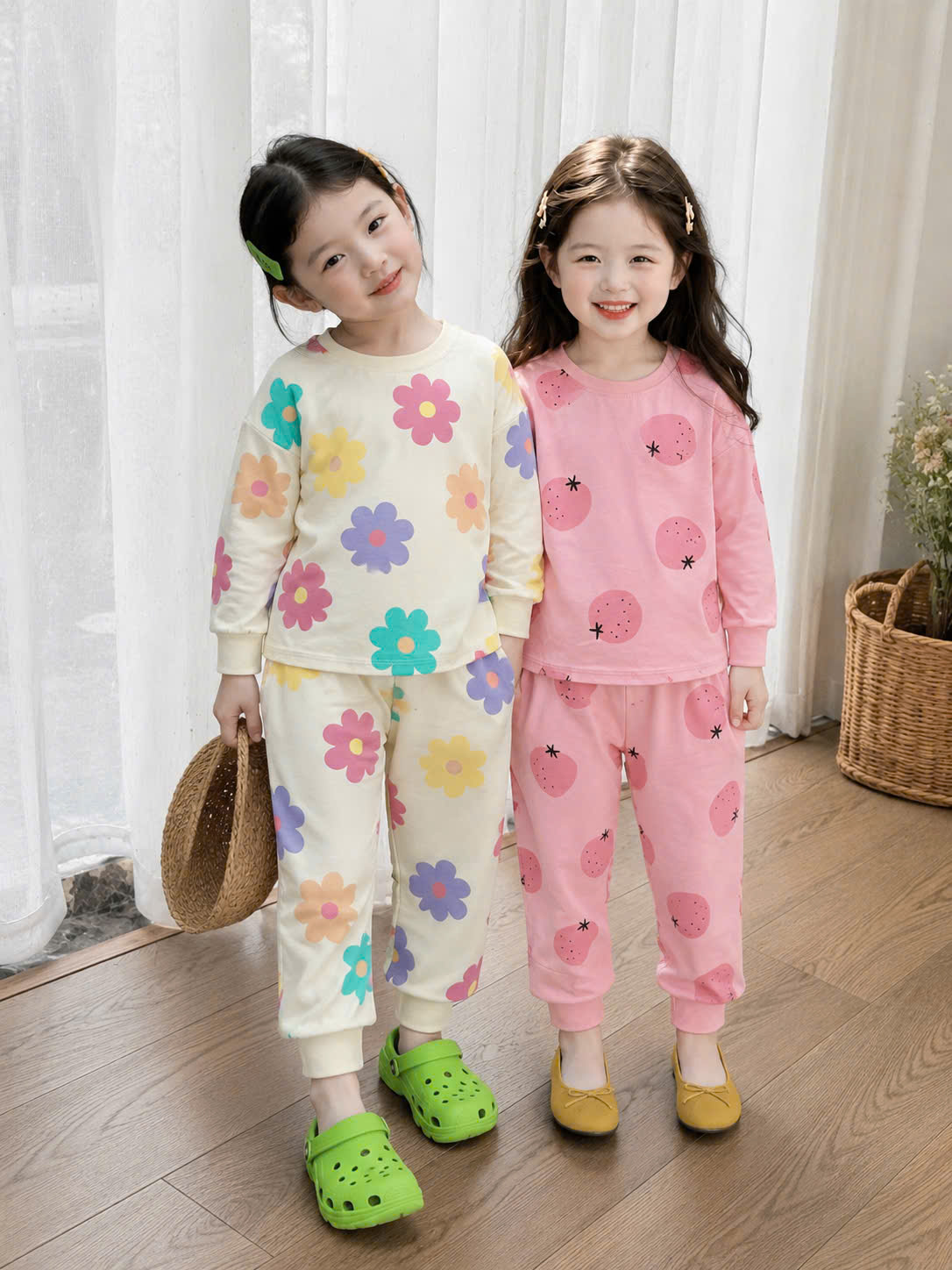 G078 - SET 2 BỘ BÉ GÁI DÀI TAY HOA SẮC MÀU DÂU TÂY
