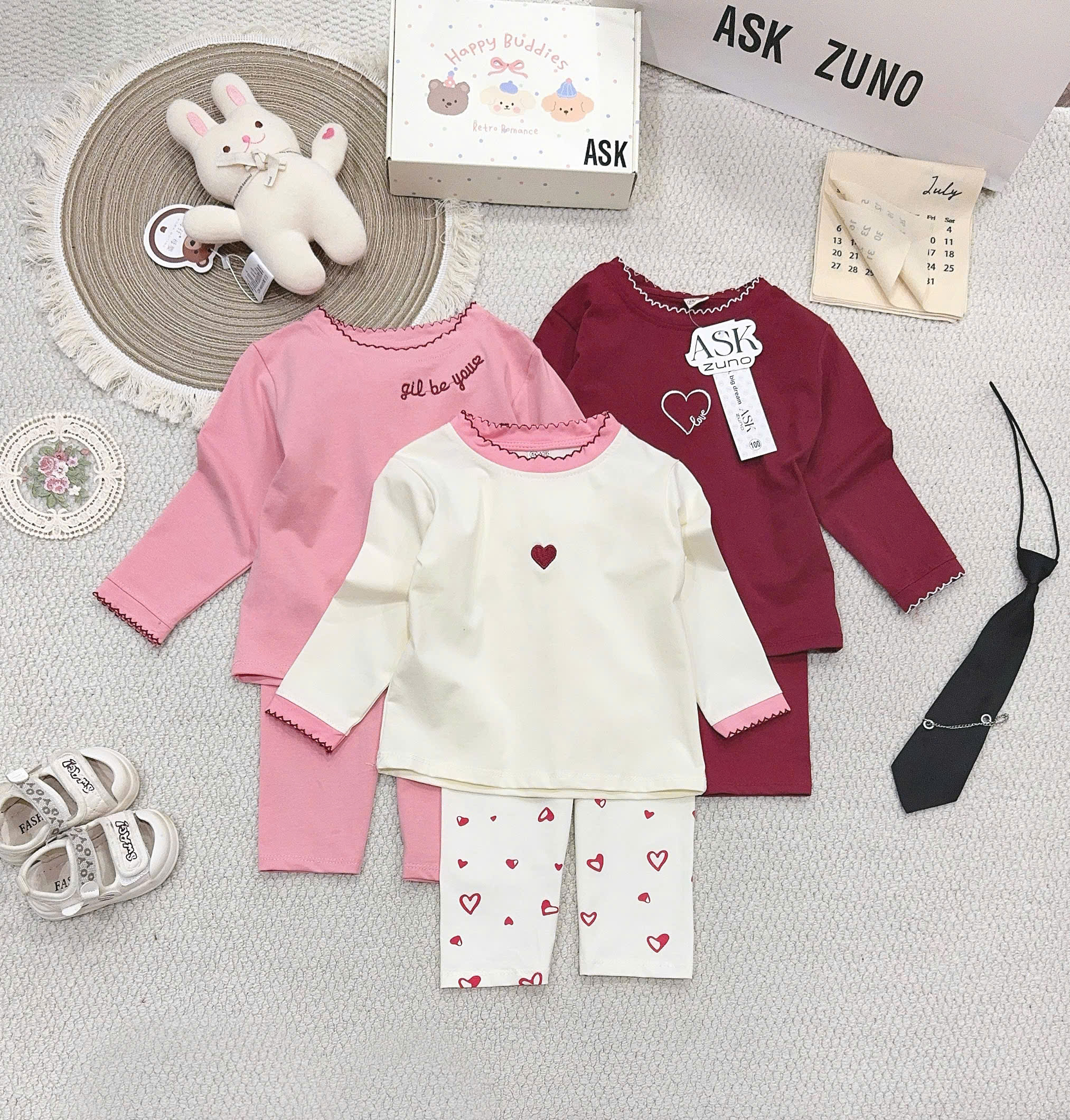 G079 - SET 3 BỘ BÉ GÁI DÀI TAY THÊU TIM đỏ hồng be