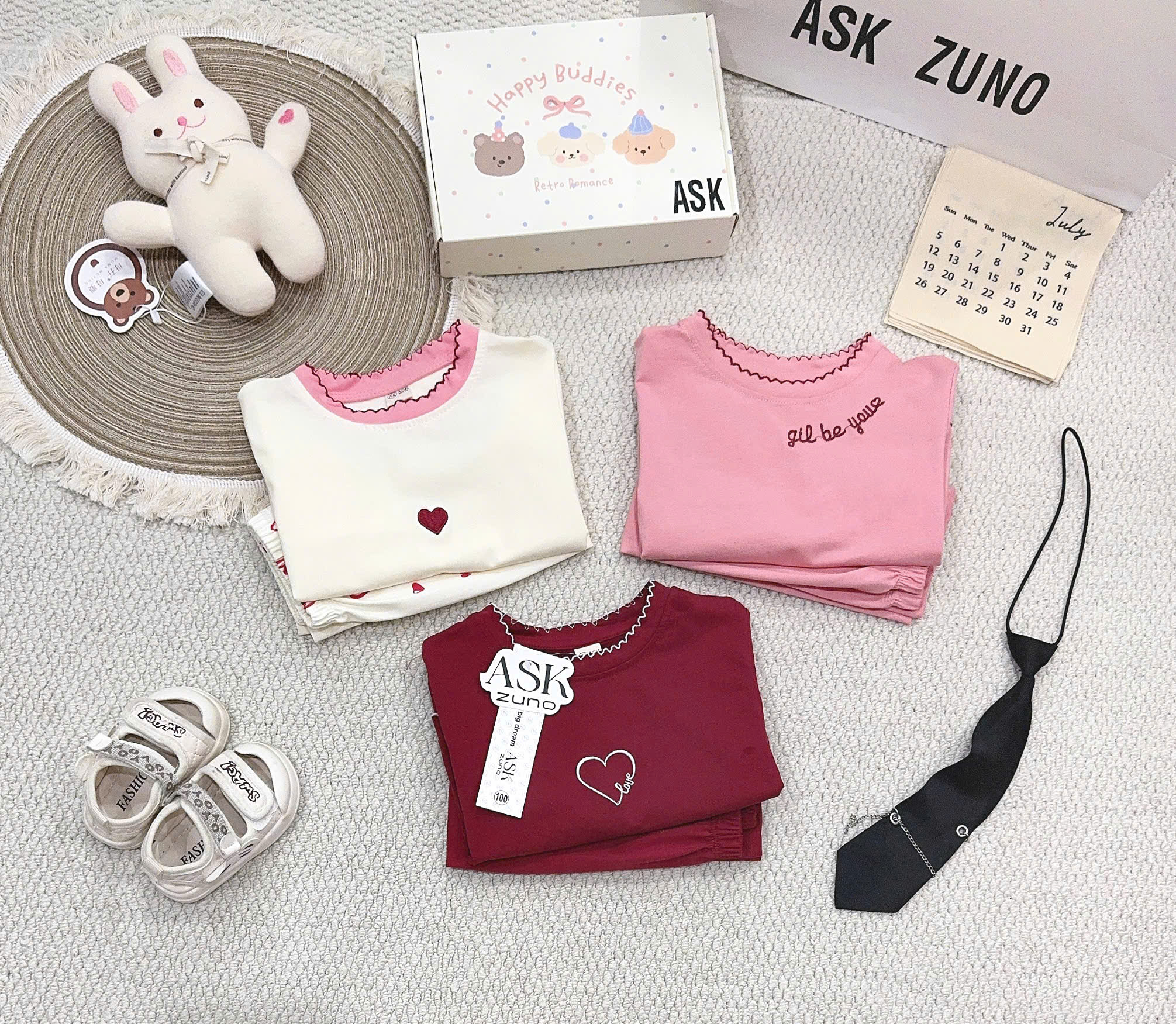G079 - SET 3 BỘ BÉ GÁI DÀI TAY THÊU TIM đỏ hồng be
