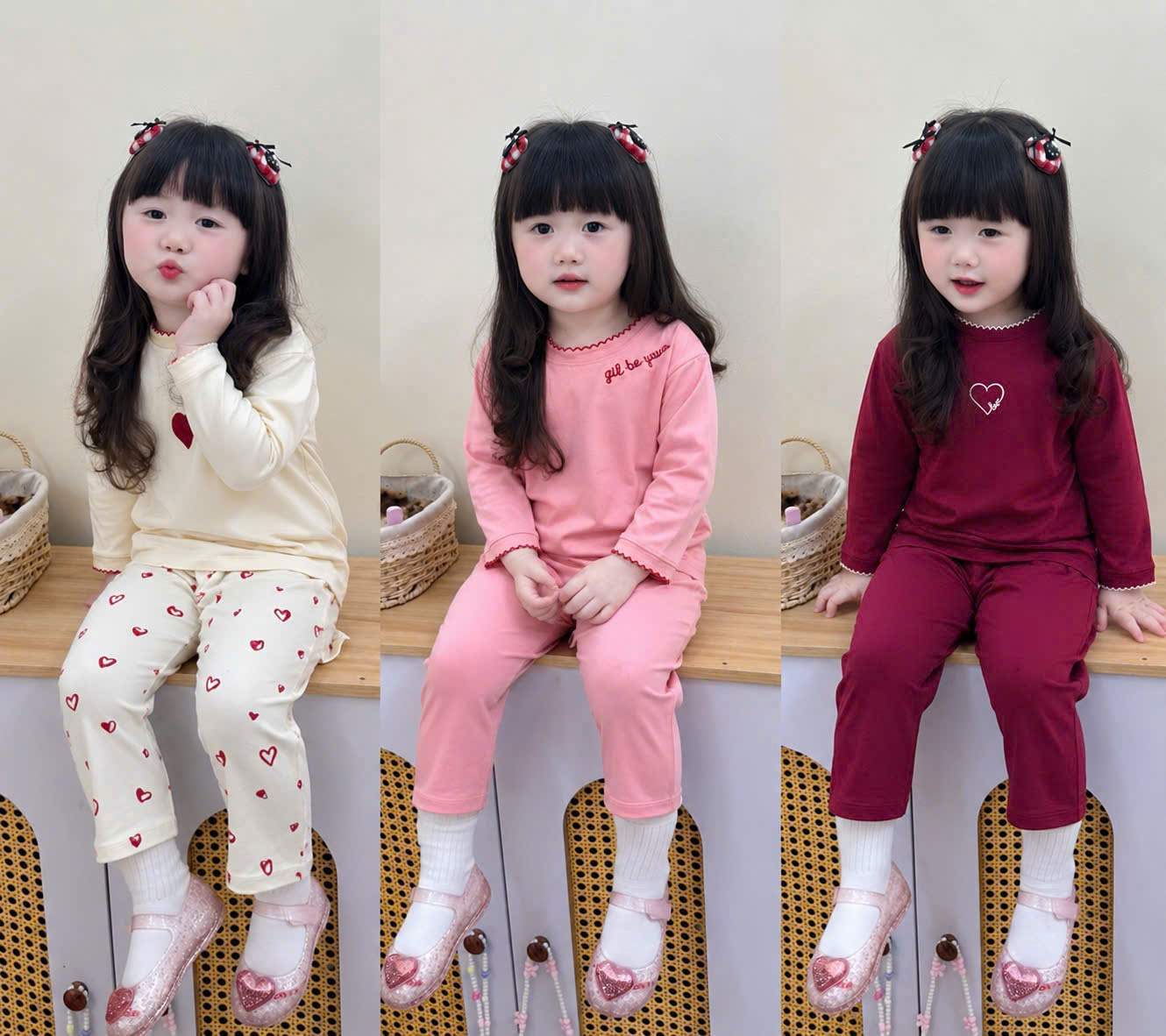 G079 - SET 3 BỘ BÉ GÁI DÀI TAY THÊU TIM đỏ hồng be
