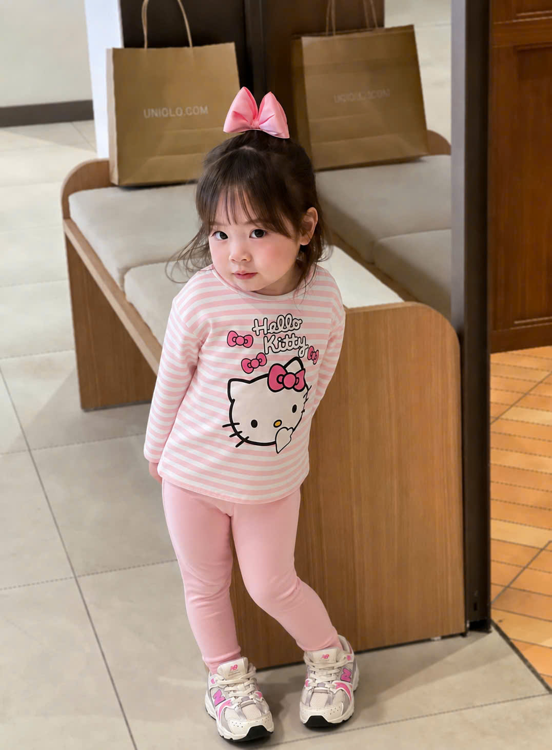 G080 - SET 2 BỘ BÉ GÁI DÀI TAY KITTY NƠ hồng be