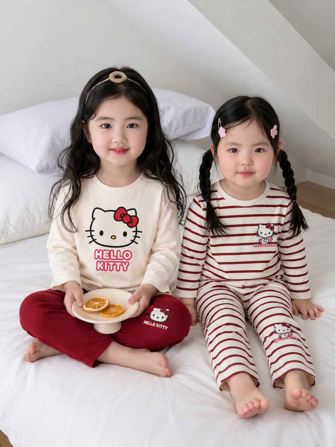 G081 - SET 2 BỘ BÉ GÁI DÀI TAY KITTY be kẻ đỏ