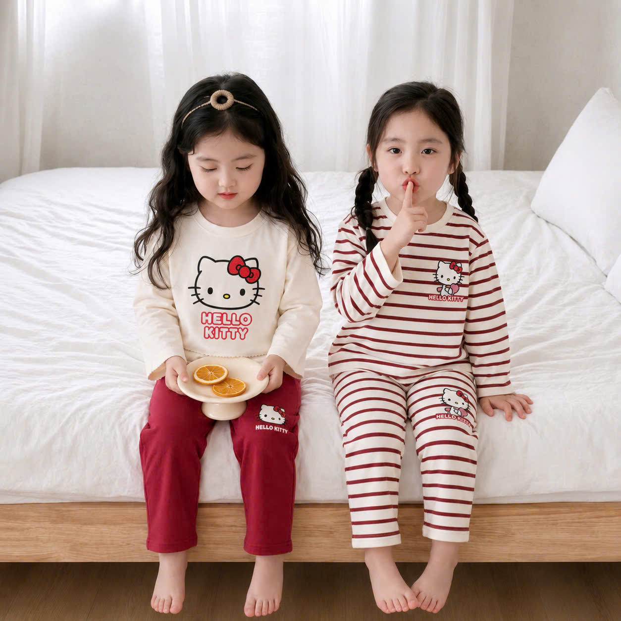 G081 - SET 2 BỘ BÉ GÁI DÀI TAY KITTY be kẻ đỏ