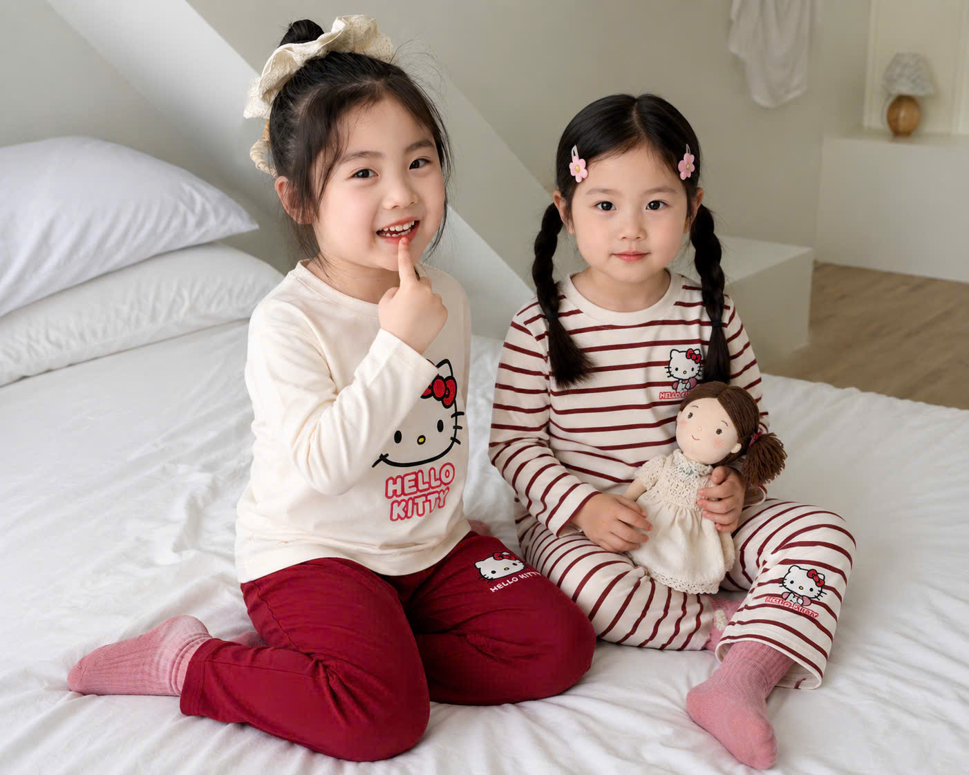 G081 - SET 2 BỘ BÉ GÁI DÀI TAY KITTY be kẻ đỏ