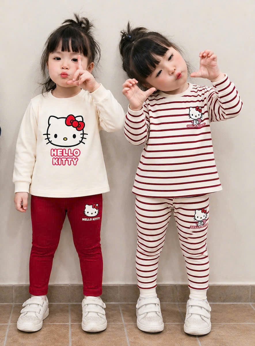 G081 - SET 2 BỘ BÉ GÁI DÀI TAY KITTY be kẻ đỏ