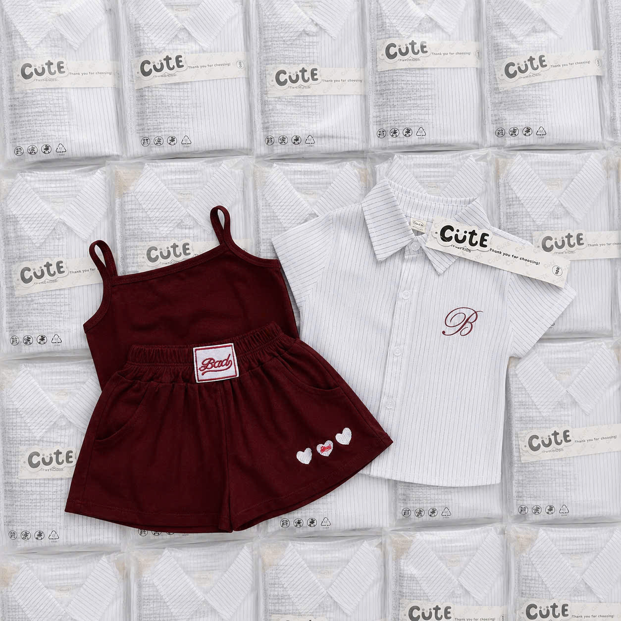 G082 - SET BÉ GÁI 3CT BỘ ĐỎ BAD 2S MIX ÁO SƠ MI SỌC