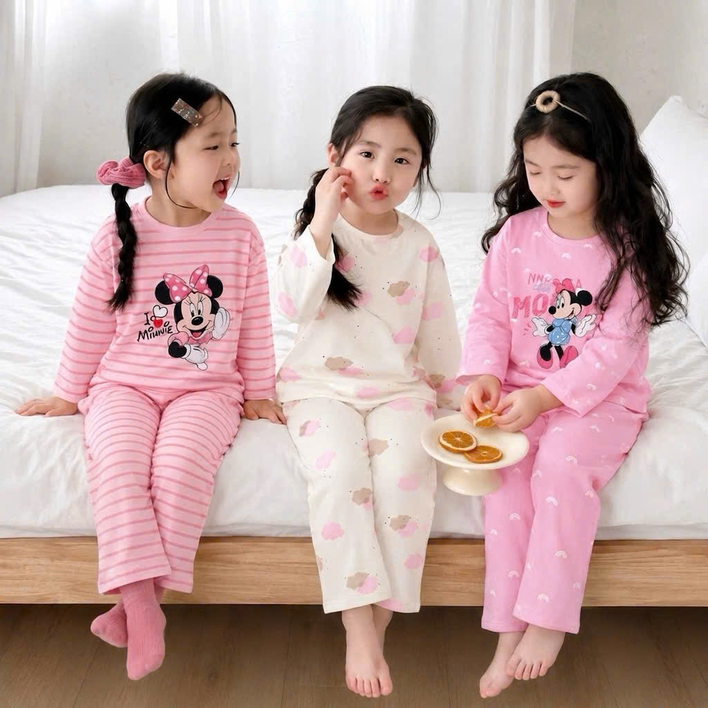 G083 - SET 3 BỘ BÉ GÁI DÀI TAY MICKEY MINNIE hồng be kẻ