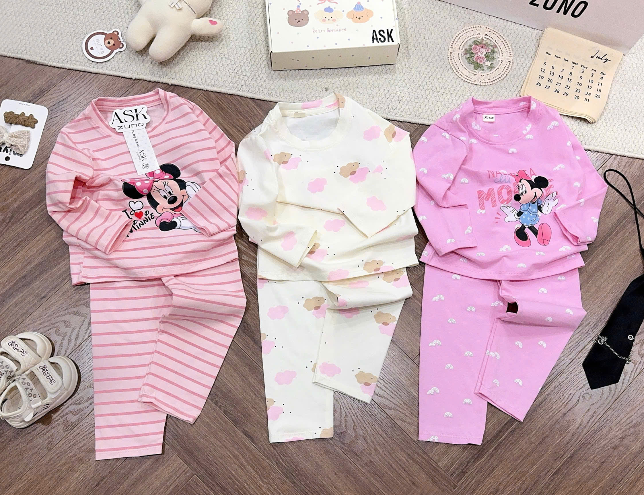 G083 - SET 3 BỘ BÉ GÁI DÀI TAY MICKEY MINNIE hồng be kẻ