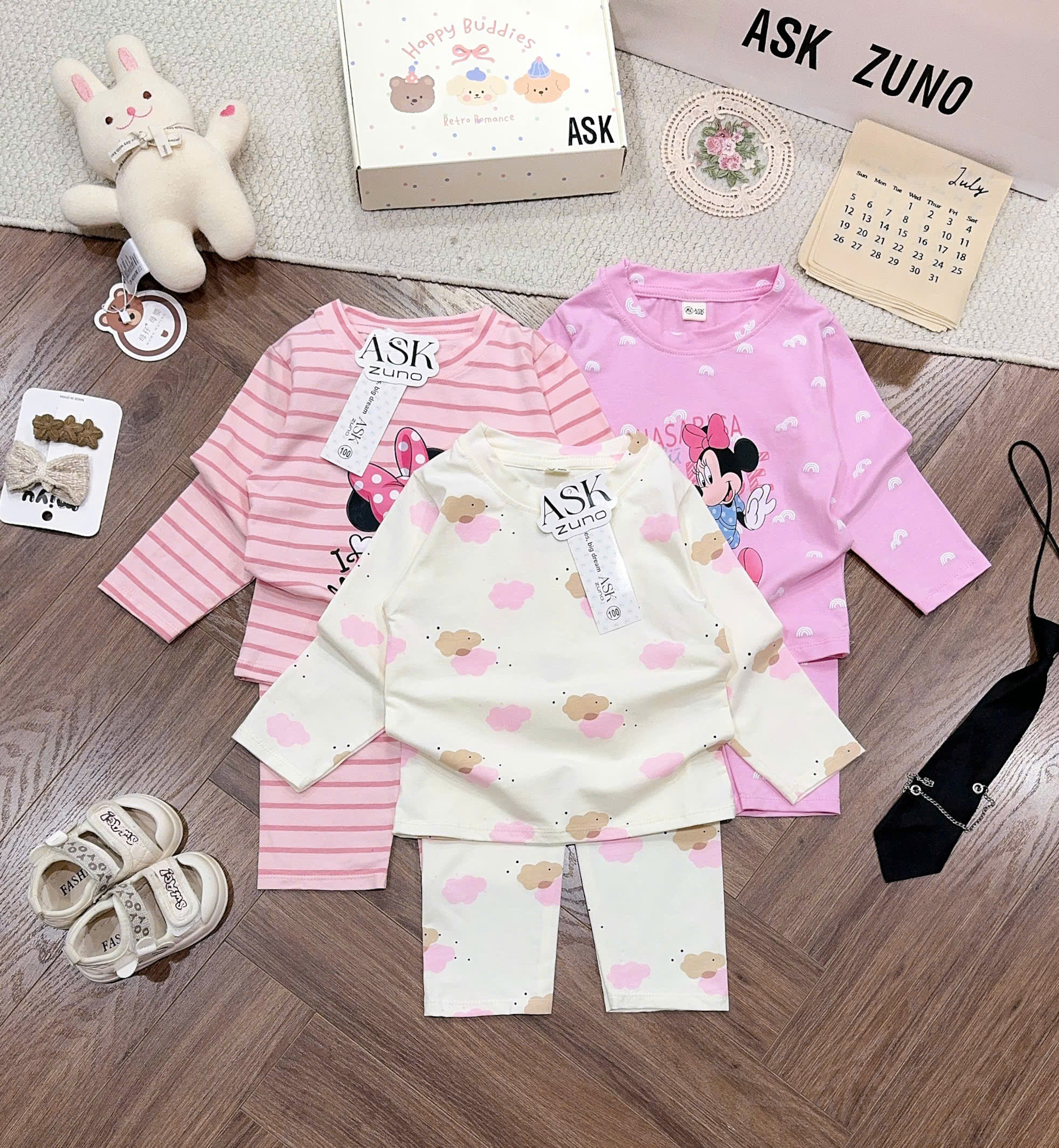 G083 - SET 3 BỘ BÉ GÁI DÀI TAY MICKEY MINNIE hồng be kẻ