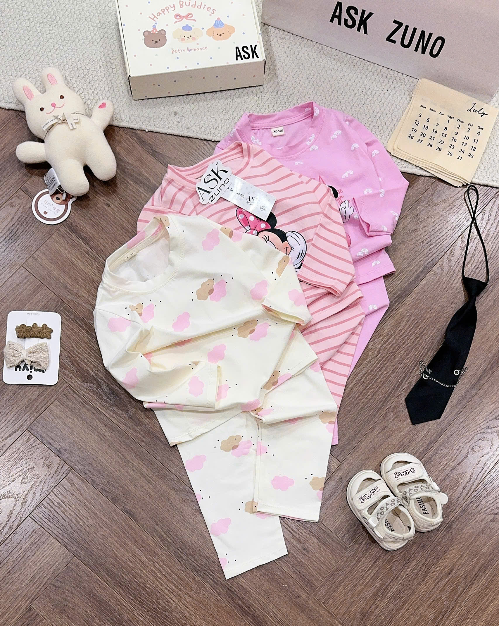G083 - SET 3 BỘ BÉ GÁI DÀI TAY MICKEY MINNIE hồng be kẻ