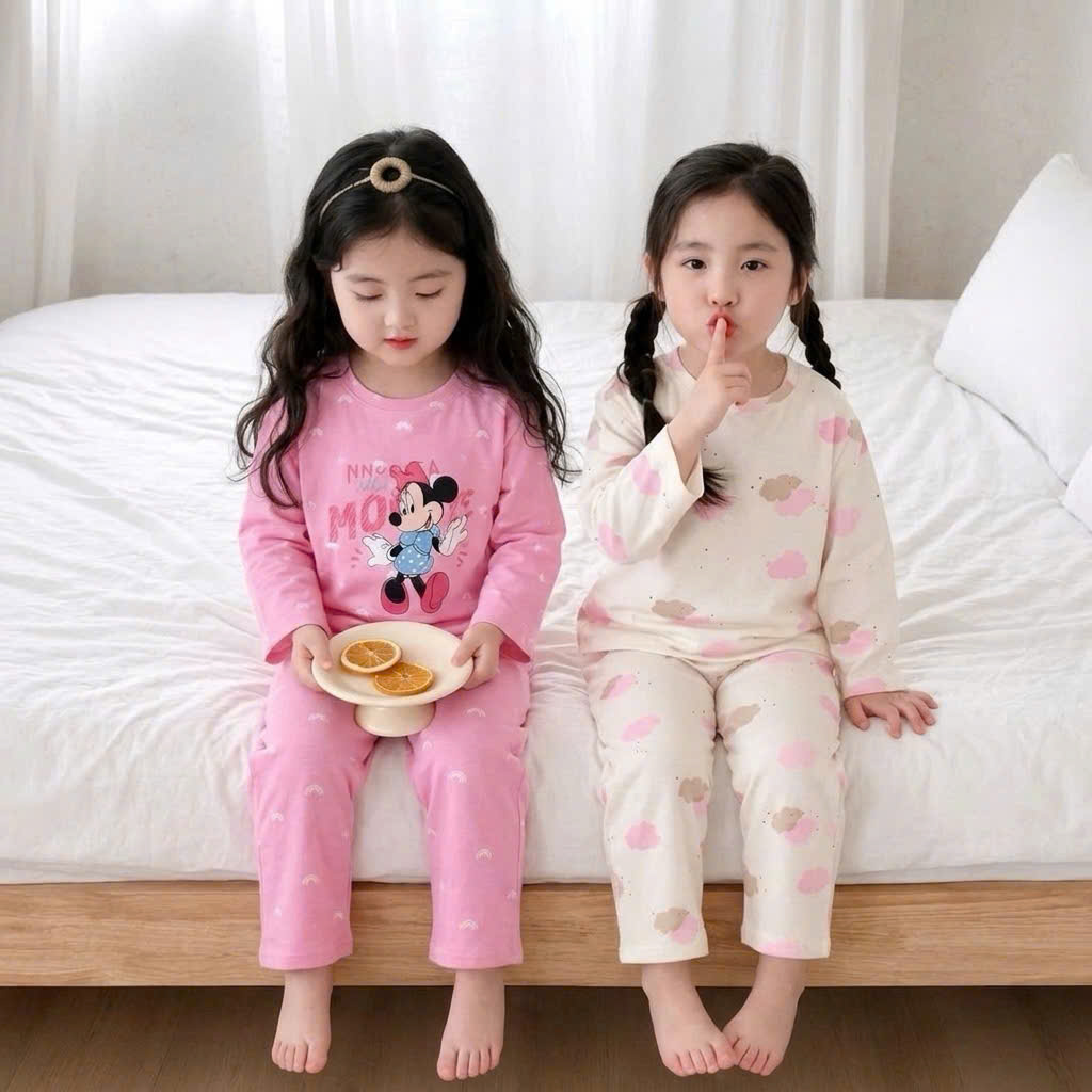 G083 - SET 3 BỘ BÉ GÁI DÀI TAY MICKEY MINNIE hồng be kẻ