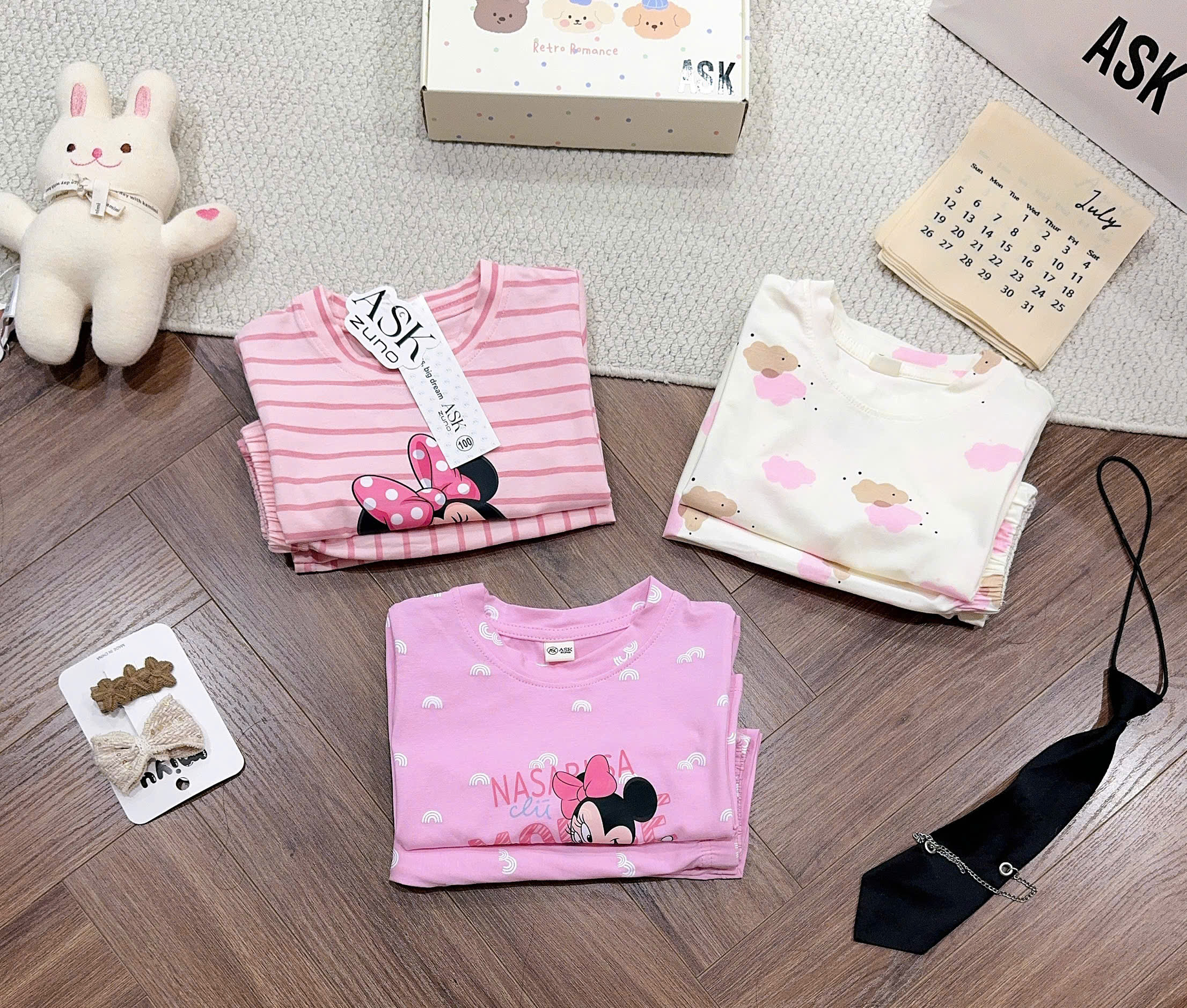 G083 - SET 3 BỘ BÉ GÁI DÀI TAY MICKEY MINNIE hồng be kẻ