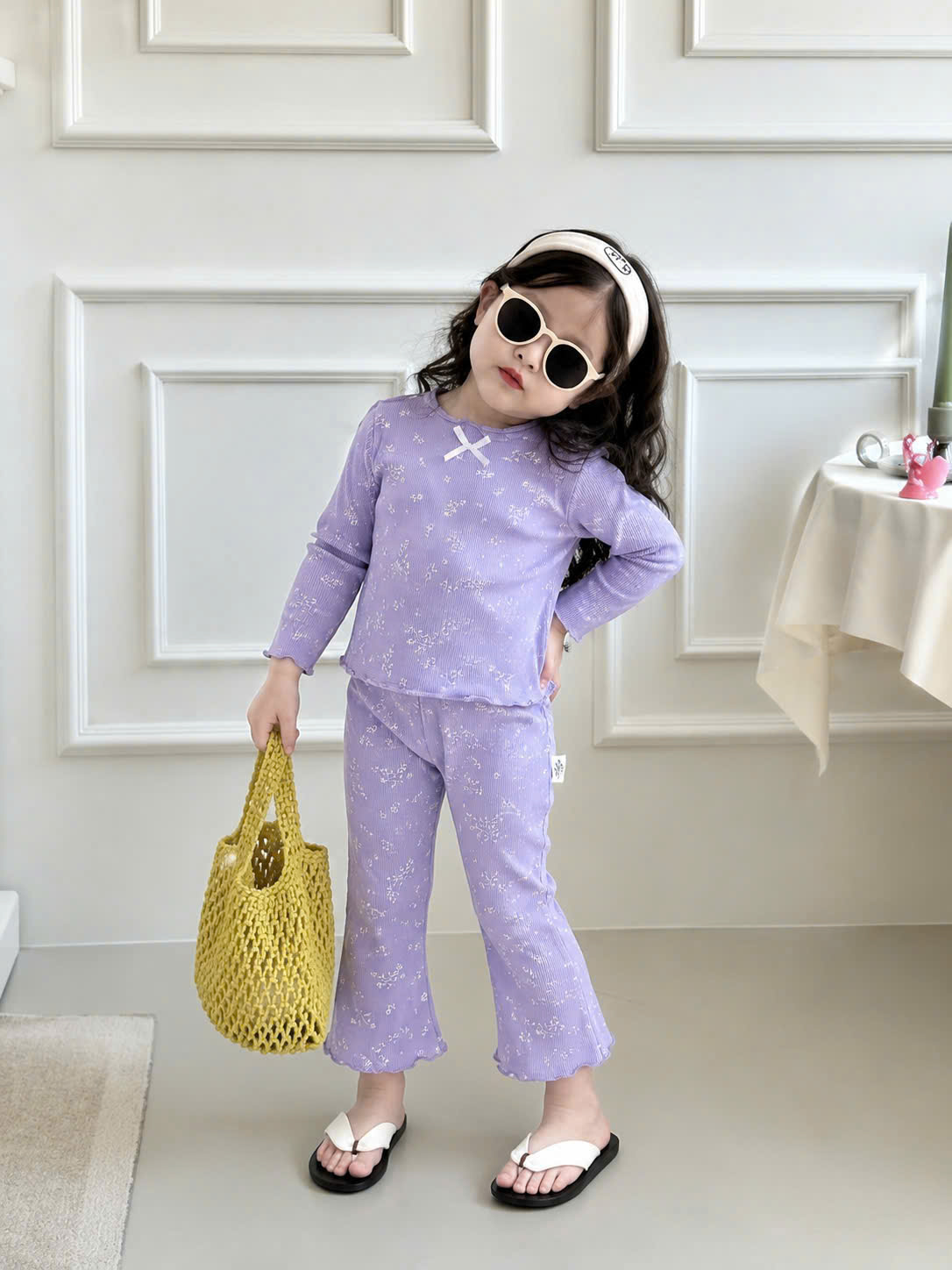 G086 - SET 3 BỘ BÉ GÁI DÀI TĂM HOA NHÍ QUẦN LOE tím vàng trắng
