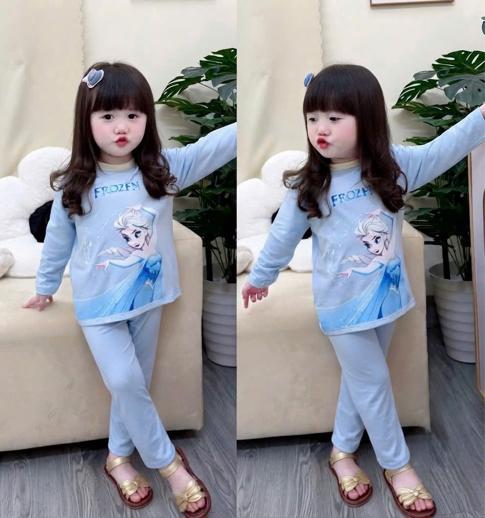 G087 - SET 2 BỘ BÉ GÁI DÀI TAY ELSA FROZEN xanh be